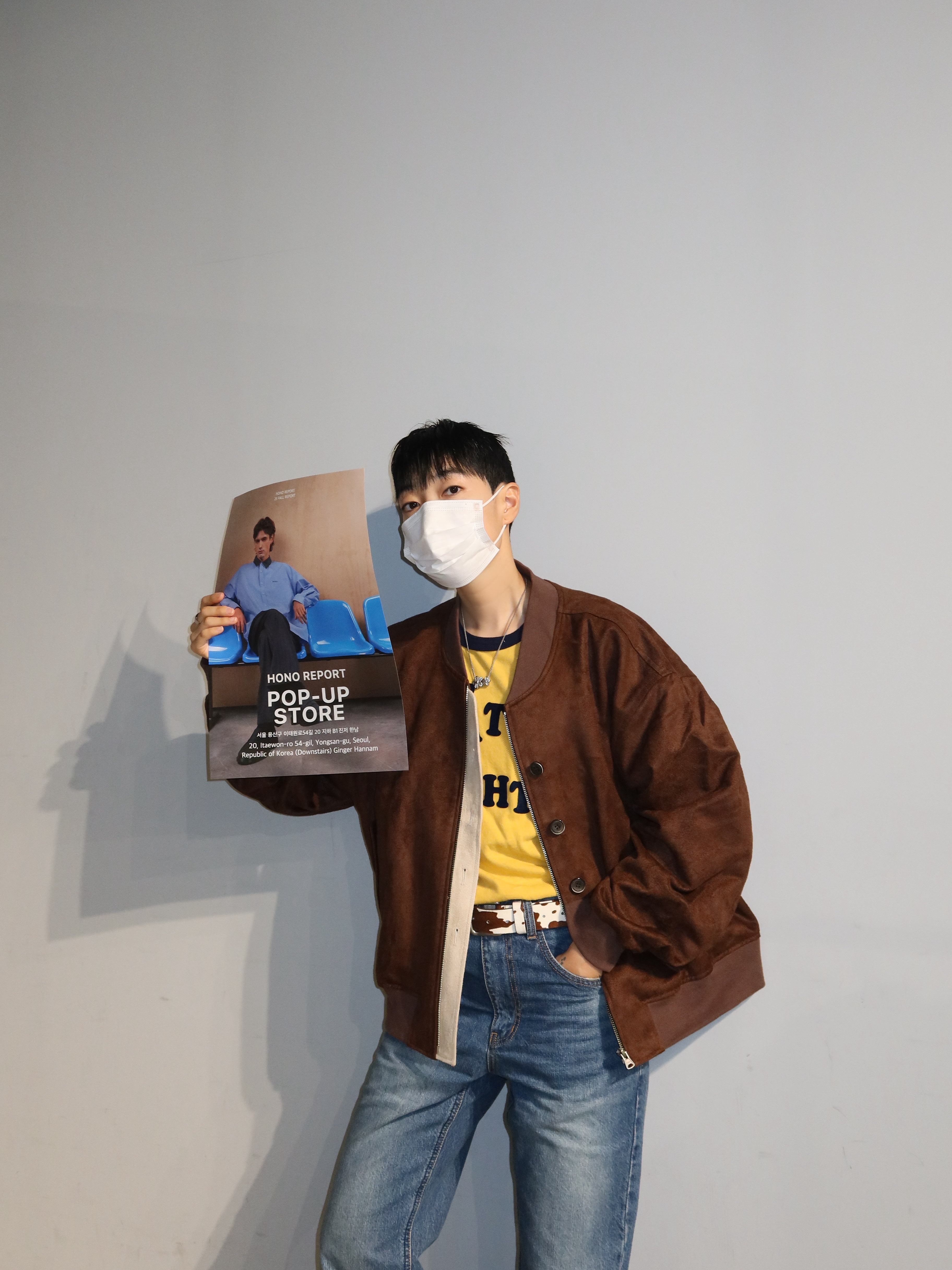 Hono Report 4 Button Bomber Jacket Dark Brown, Hono Report Bell Bottom Denim Pants Blue 착용 스타일 - 2