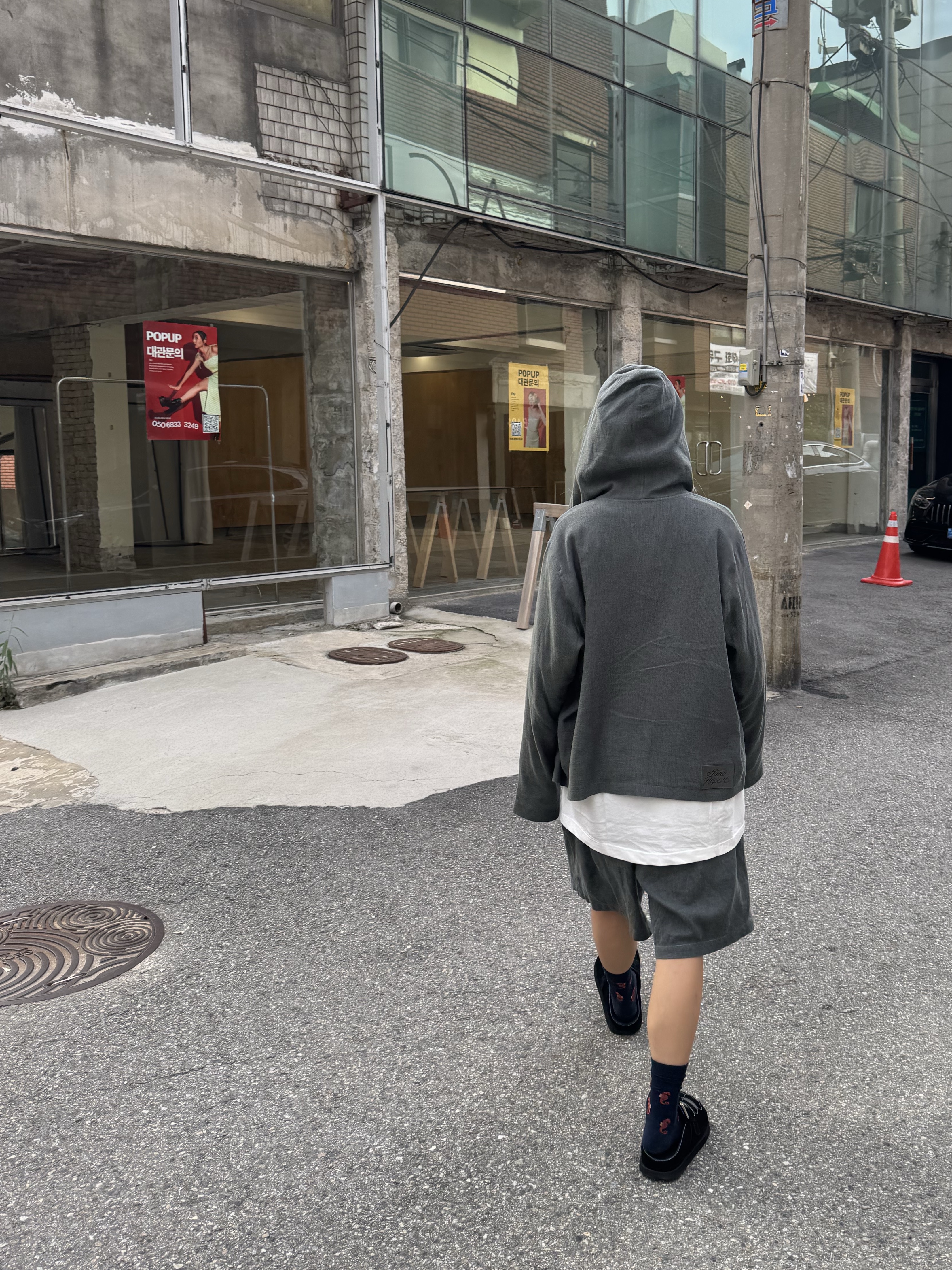 Hono Report Hooded Zip-Up Faded Denim, Hono Report Easy Half Pants Faded Denim 착용 스타일 - 4