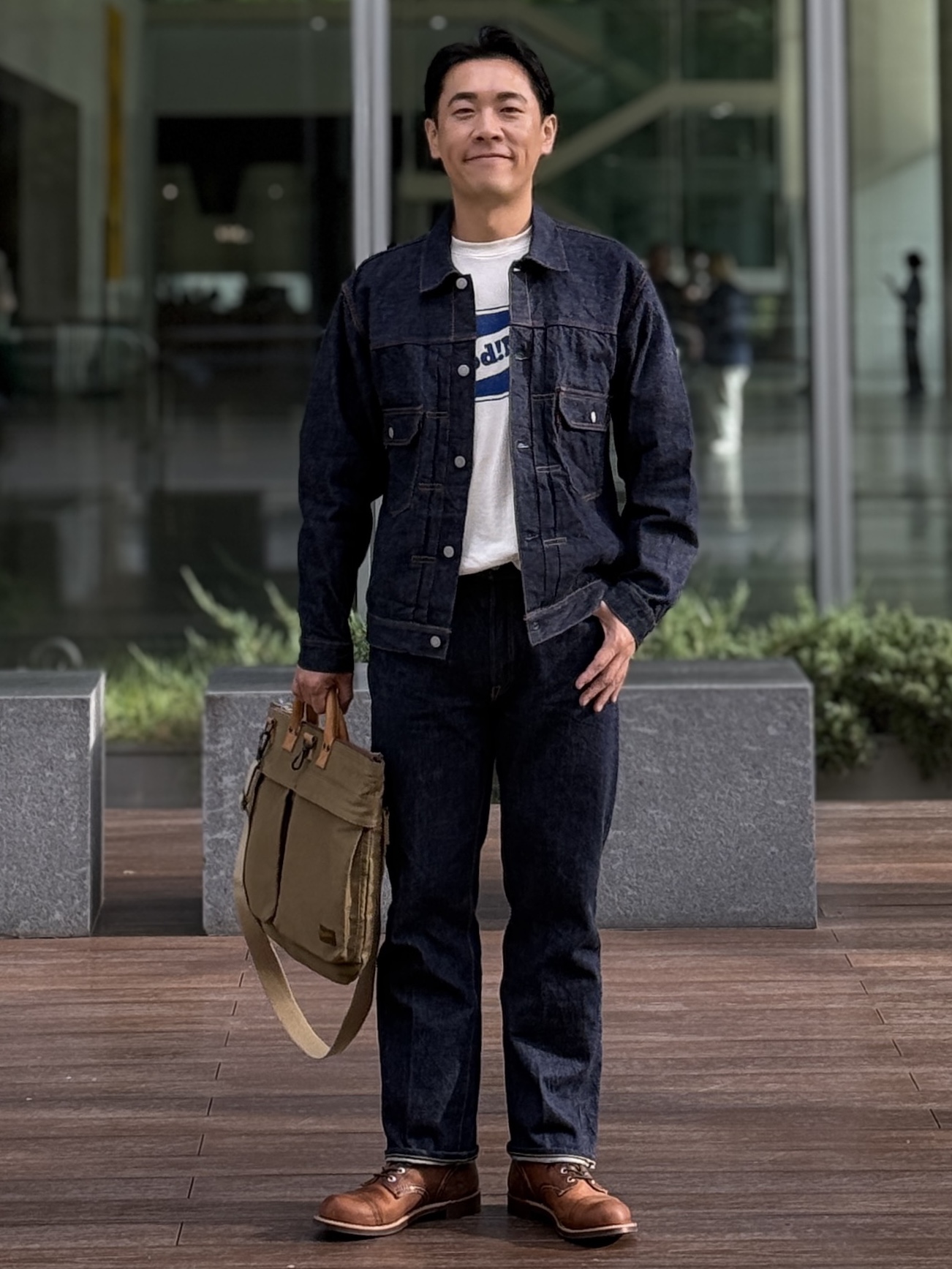 Fullcount 2102W-20 Type 2 Denim Jacket One Wash Indigo Blue - Red Tab, Fullcount 1101W Straight Denim One Wash Indigo Blue 착용 스타일 - 1