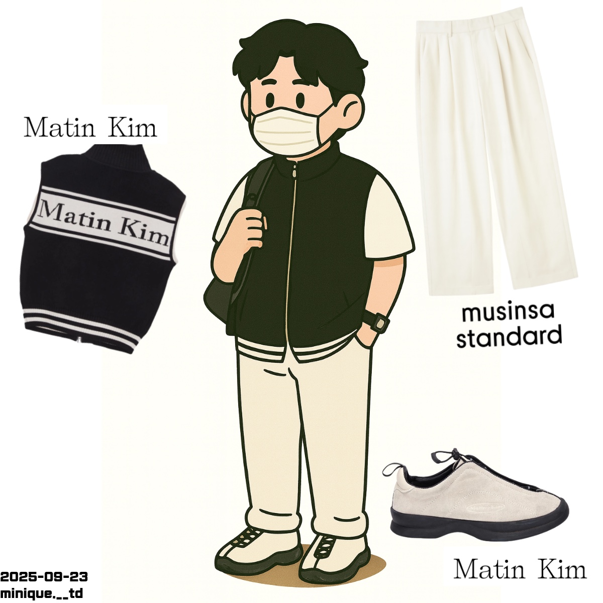 (W) Matin Kim Spell Point Stripe Knit Vest Black, (W) Matin Kim MS129 Sneakers Ivory 착용 스타일 - 1