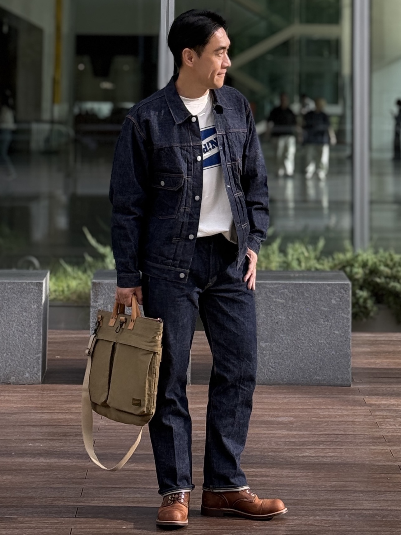 Fullcount 2102W-20 Type 2 Denim Jacket One Wash Indigo Blue - Red Tab, Fullcount 1101W Straight Denim One Wash Indigo Blue 착용 스타일 - 2