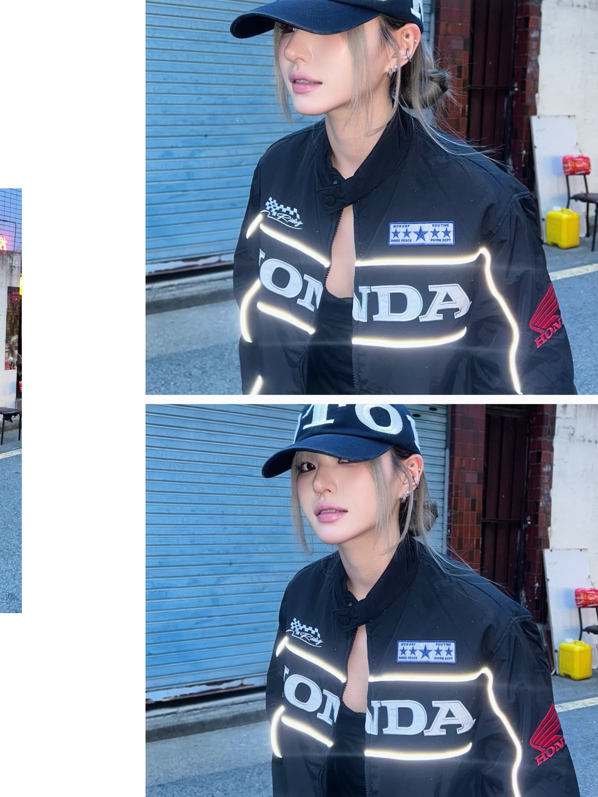 Honda Piping Motorcycle Blouson Jacket Black, Honda Zigzag St Ball Cap Navy 착용 스타일 - 3