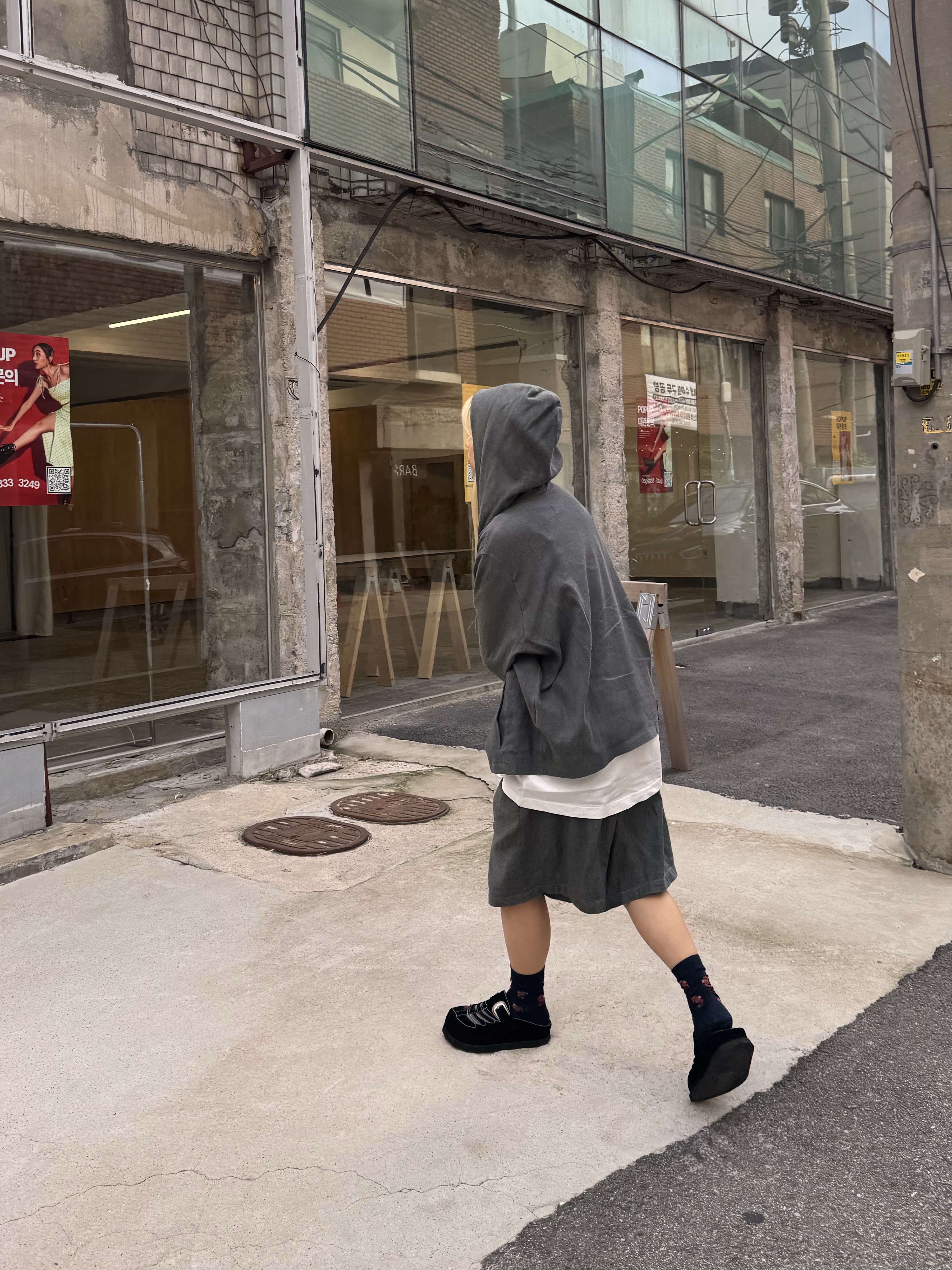 Hono Report Hooded Zip-Up Faded Denim, Hono Report Easy Half Pants Faded Denim 착용 스타일 - 3