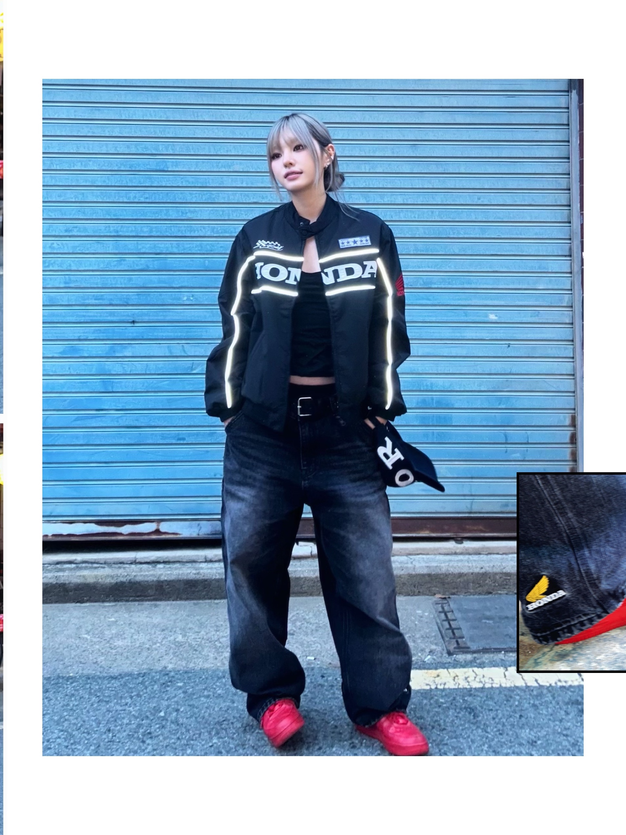 Honda Piping Motorcycle Blouson Jacket Black, Honda Zigzag St Ball Cap Navy 착용 스타일 - 4
