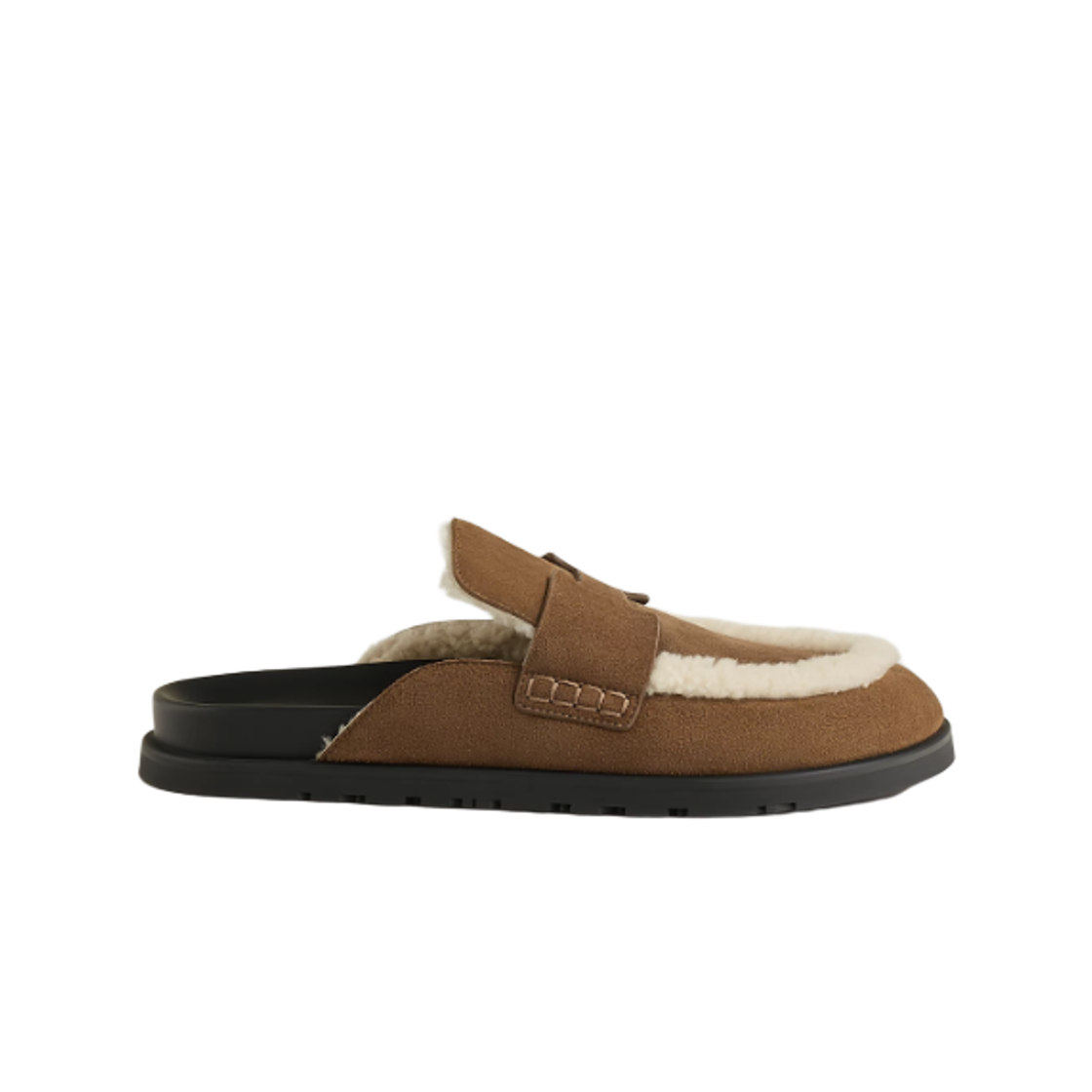 H232865ZHE5 Hermes Go Mule Suede Goatskin Shearling & Brun Fume Ecru