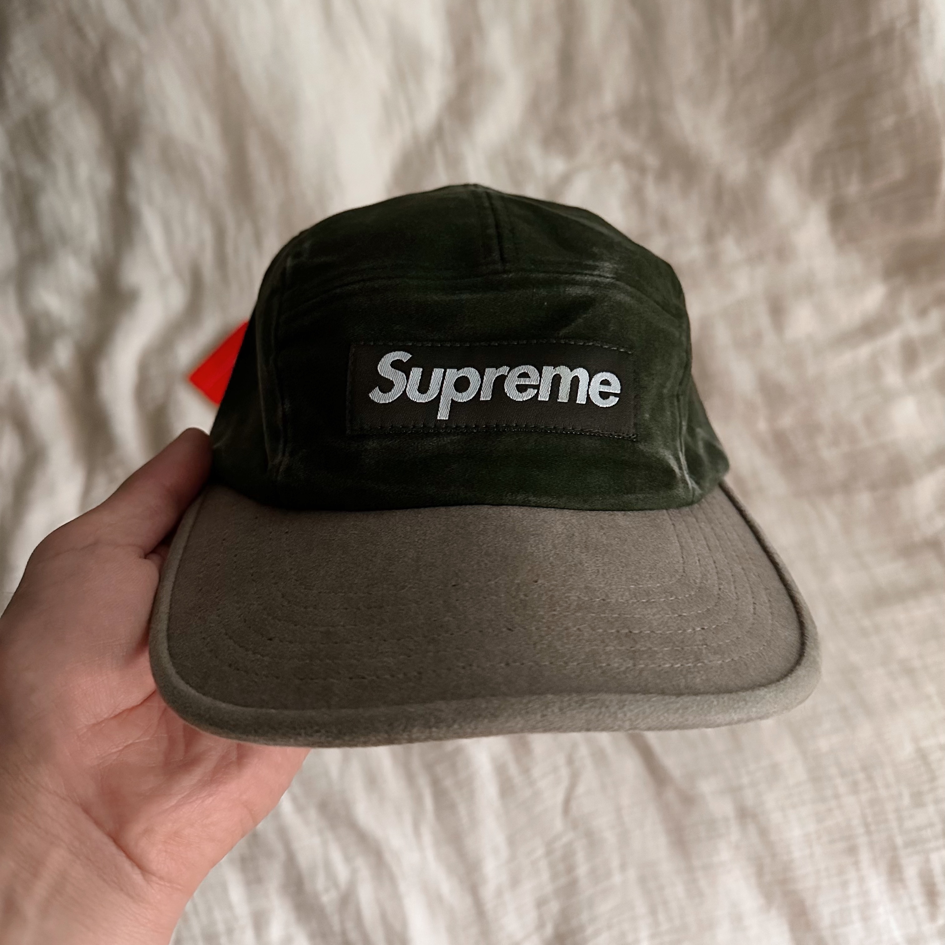 Supreme 2-Tone Moleskin Camp Cap Dark Olive - 25FW 착용 스타일 - 2