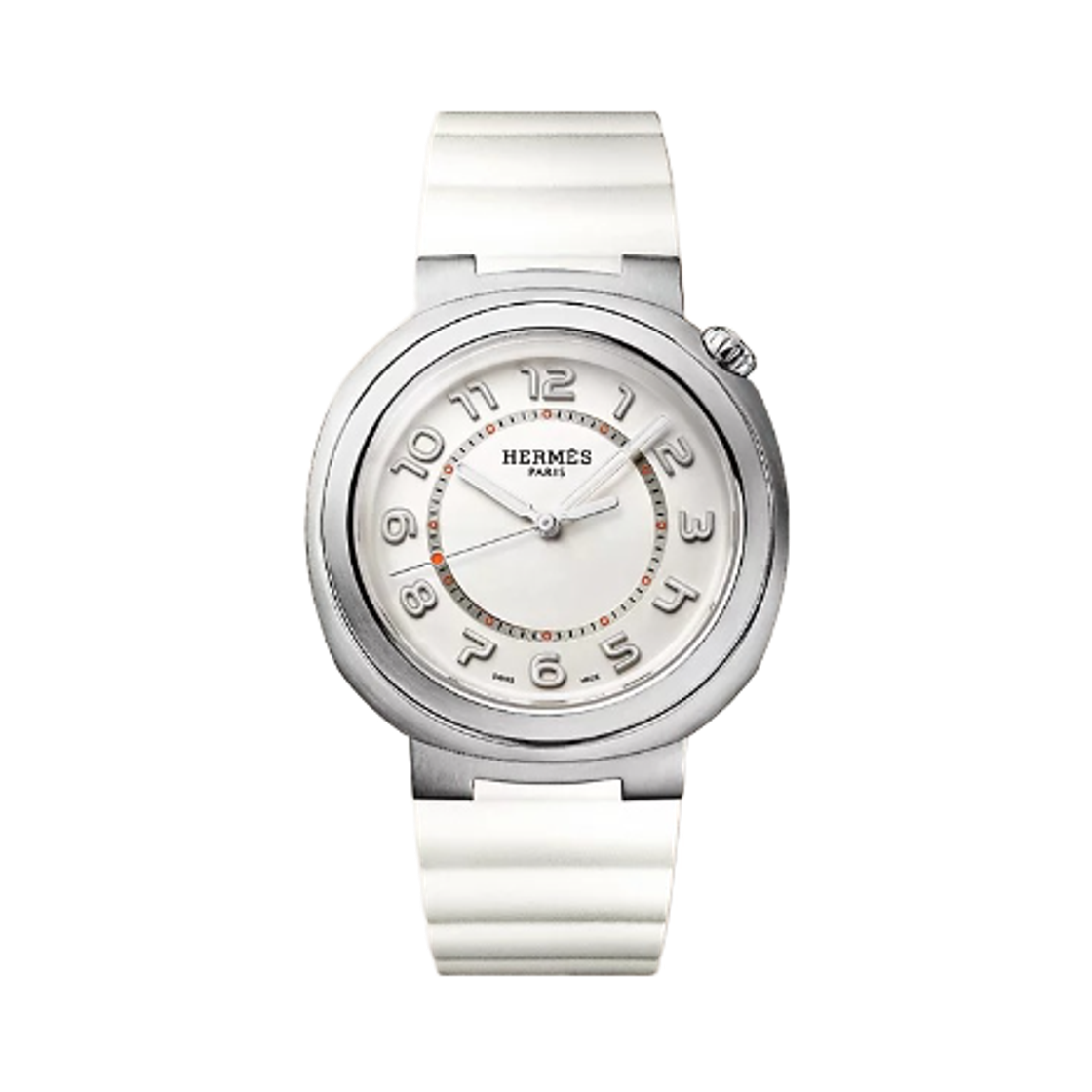 W403197WW00 Hermes Cut Watch Large Blanc Rubber Strap & Satin Brushed Steel