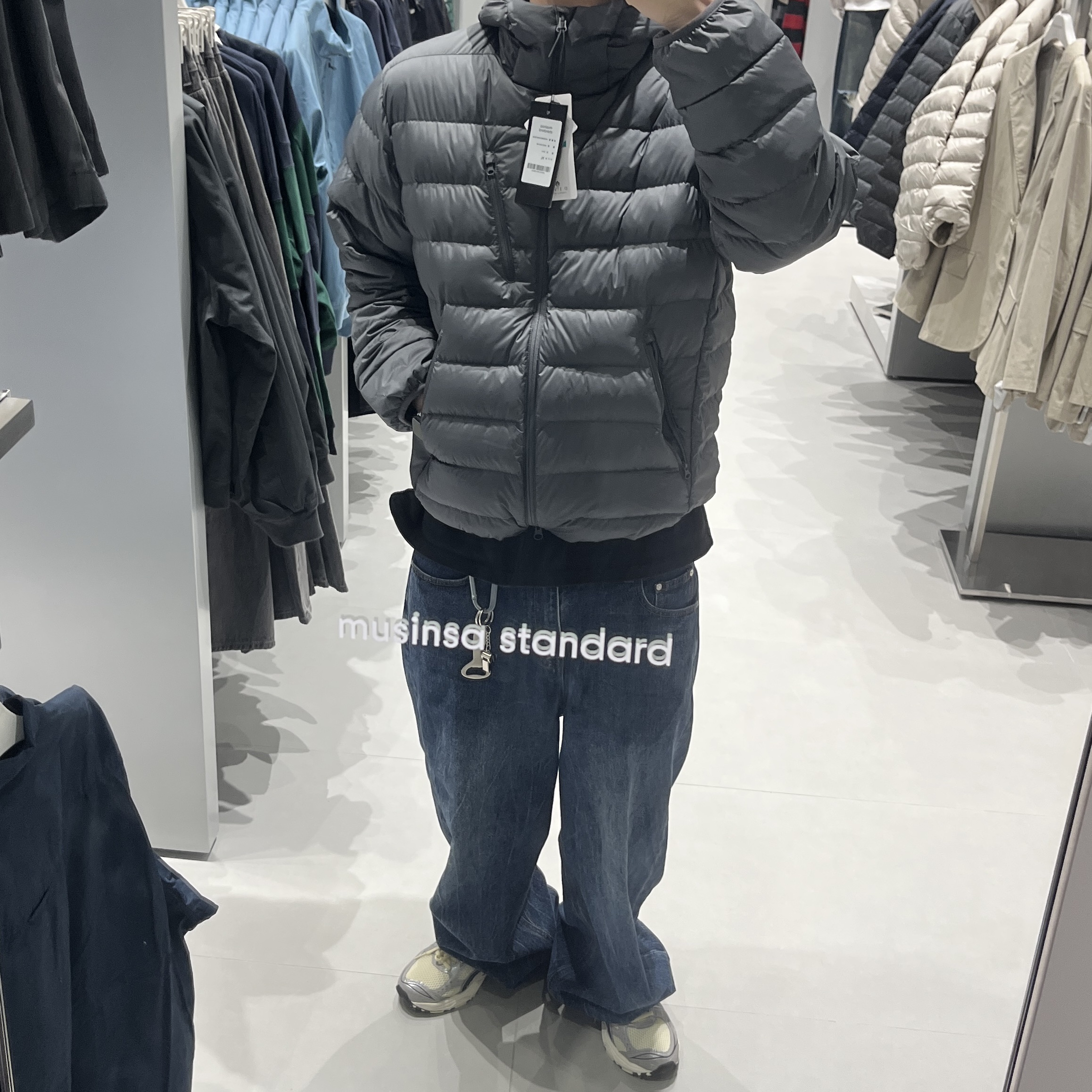Musinsa Standard City Leisure Hooded Light Down Jacket Grey 착용 스타일