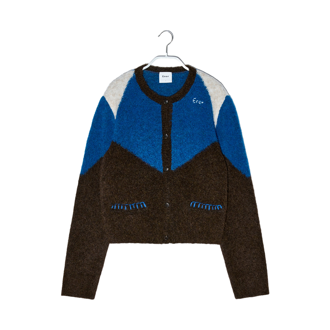엔오르 우먼 컬러 블럭 크루넥 가디건 블루(Enor Women Color Block Crew Neck Cardigan Blue)