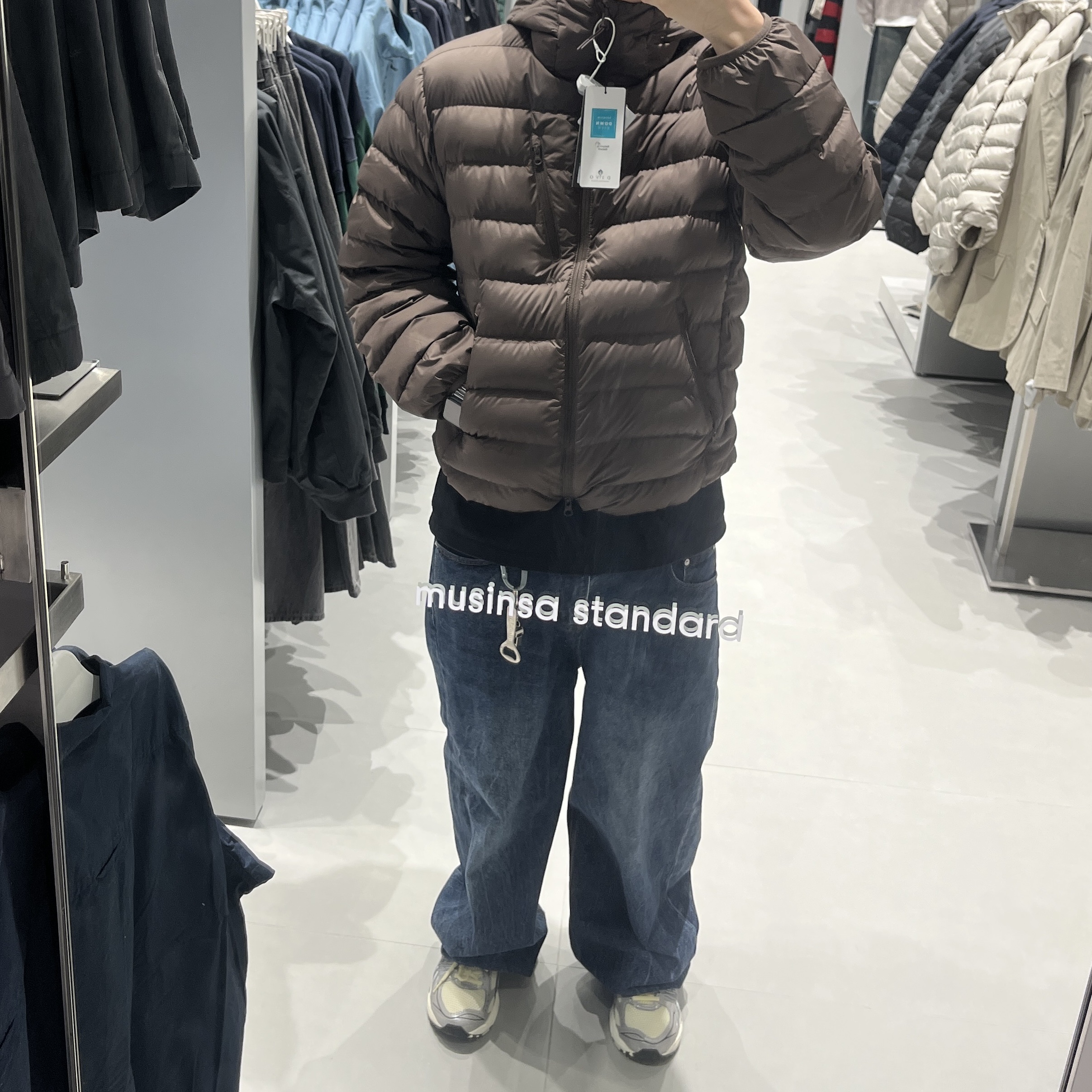Musinsa Standard City Leisure Hooded Light Down Jacket Brown 착용 스타일