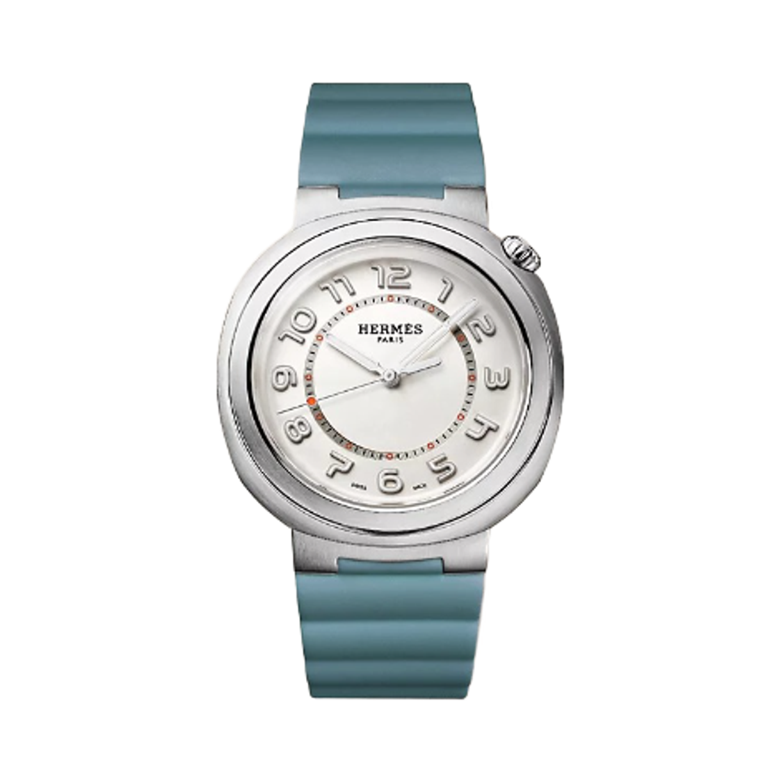 에르메스 컷 워치 라지 블루 진 러버 스트랩 & 새틴 브러쉬드 스틸(Hermes Cut Watch Large Blue Jean Rubber Strap & Satin Brushed Steel)