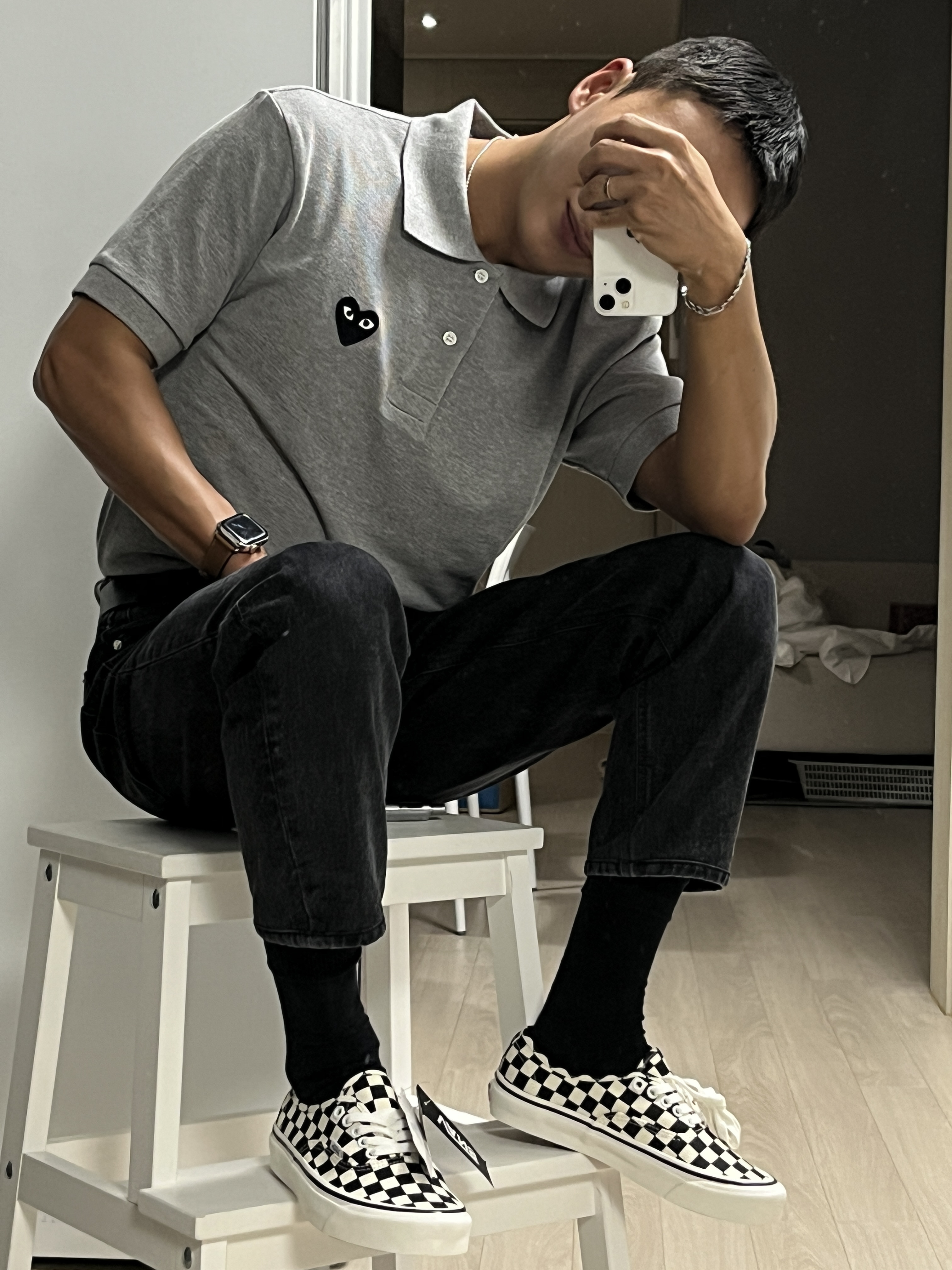 Vans Authentic Golden Coast Checkerboard, Play Comme des Garcons Black Heart Polo Shirt Grey 착용 스타일