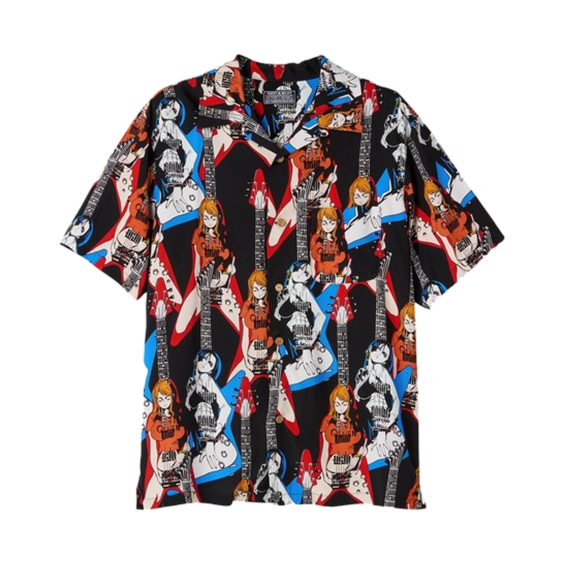 히스테릭 글래머 x 원피스 나미 & 보아 행콕 트윈 기타 패턴 오픈 칼라 셔츠 블랙(Hysteric Glamour x One Piece Nami & Boa Hancock Twin Guitar Pattern Open Collar Shirt Black) - 1