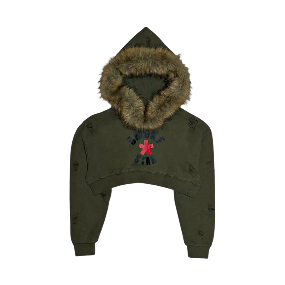 스모크어스타 디스트로이드 퍼 하프 크림슨 후디 카키(Smokeastar Destroyed Fur Half Crimson Hoodie Khaki)