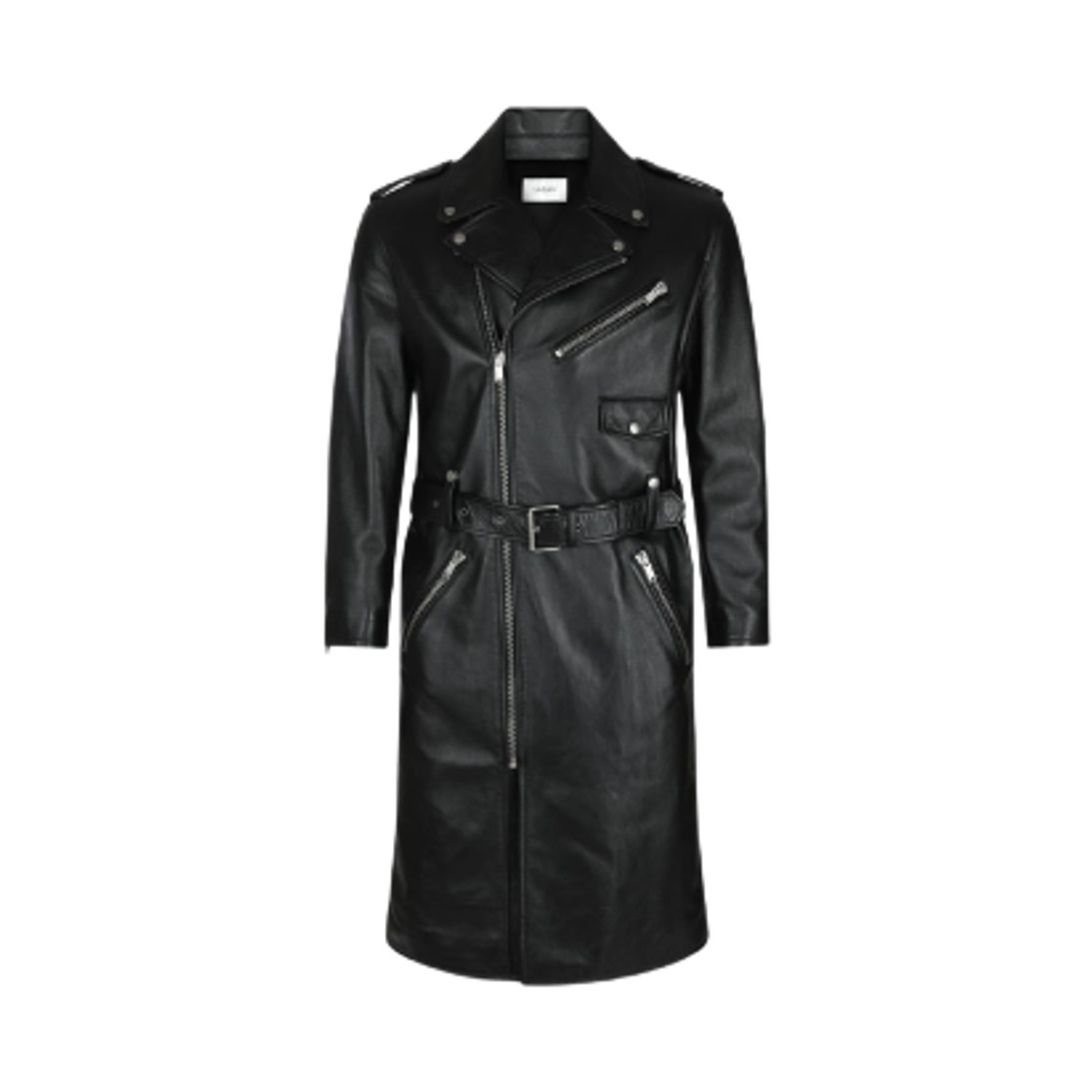 798637-YCFC2-1000 Saint Laurent Belted Long Leather Biker Coat Black