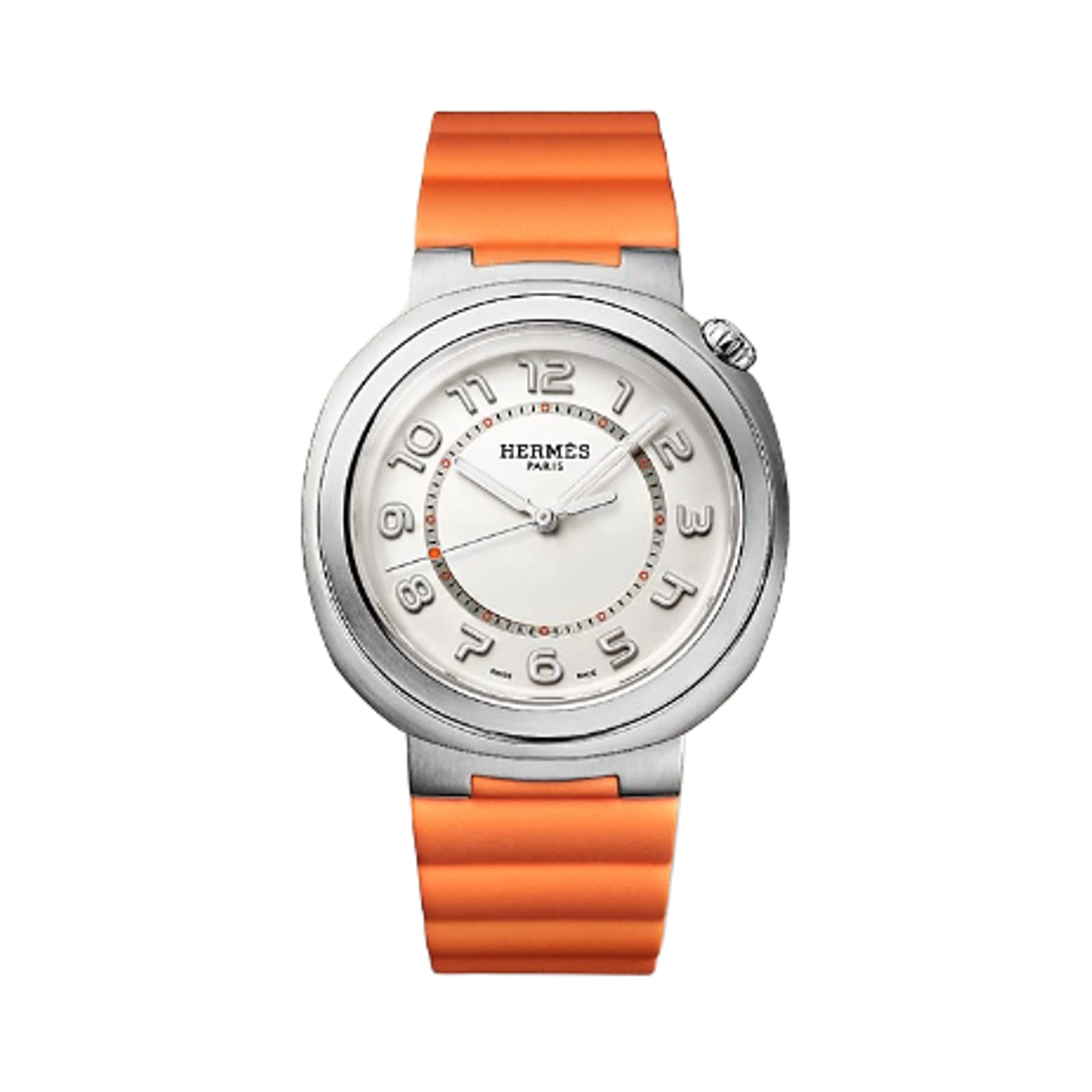 에르메스 컷 워치 라지 오랑쥬 러버 스트랩 & 새틴 브러쉬드 스틸(Hermes Cut Watch Large Orange Rubber Strap & Satin Brushed Steel)