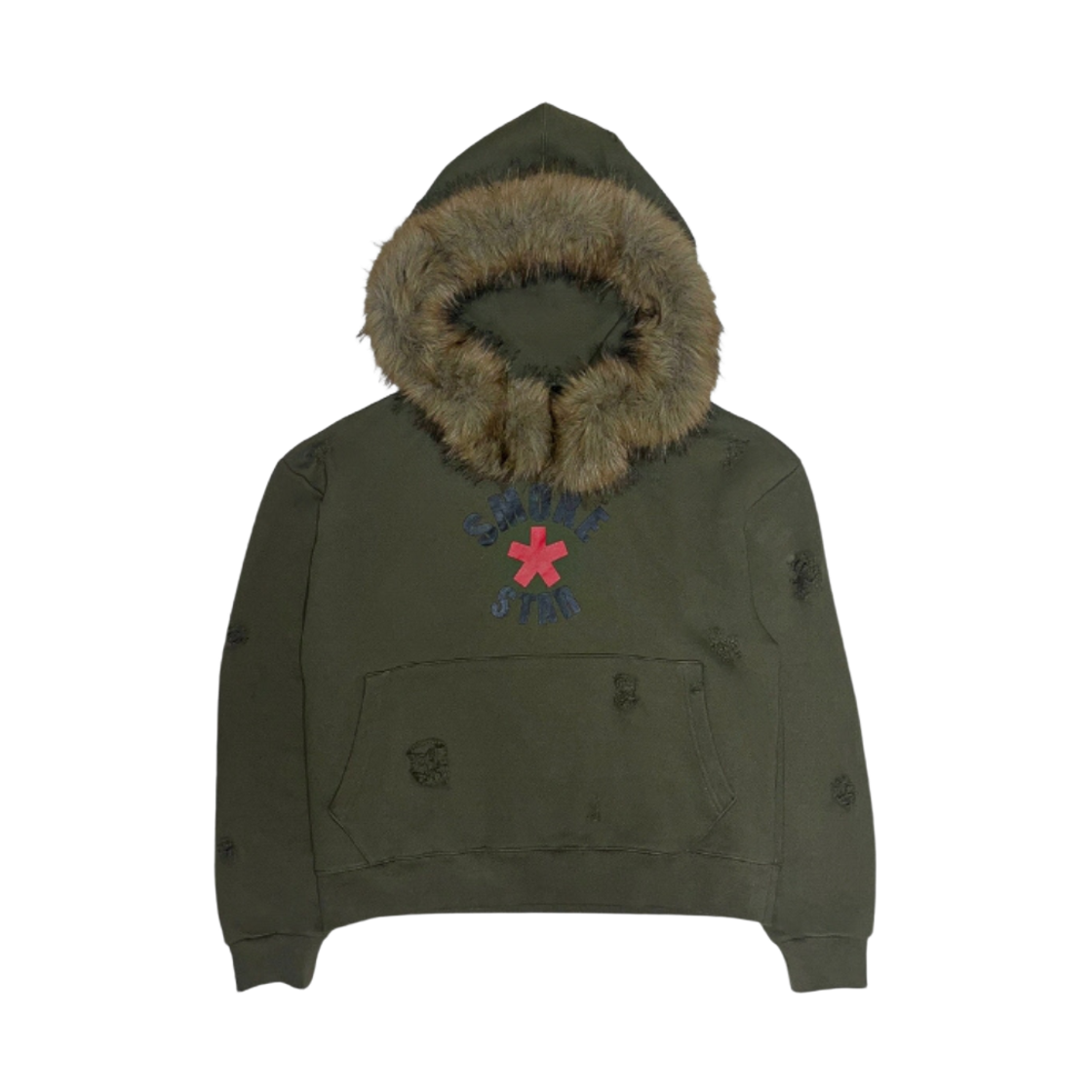스모크어스타 디스트로이드 퍼 크림슨 후디 카키(Smokeastar Destroyed Fur Crimson Hoodie Khaki)
