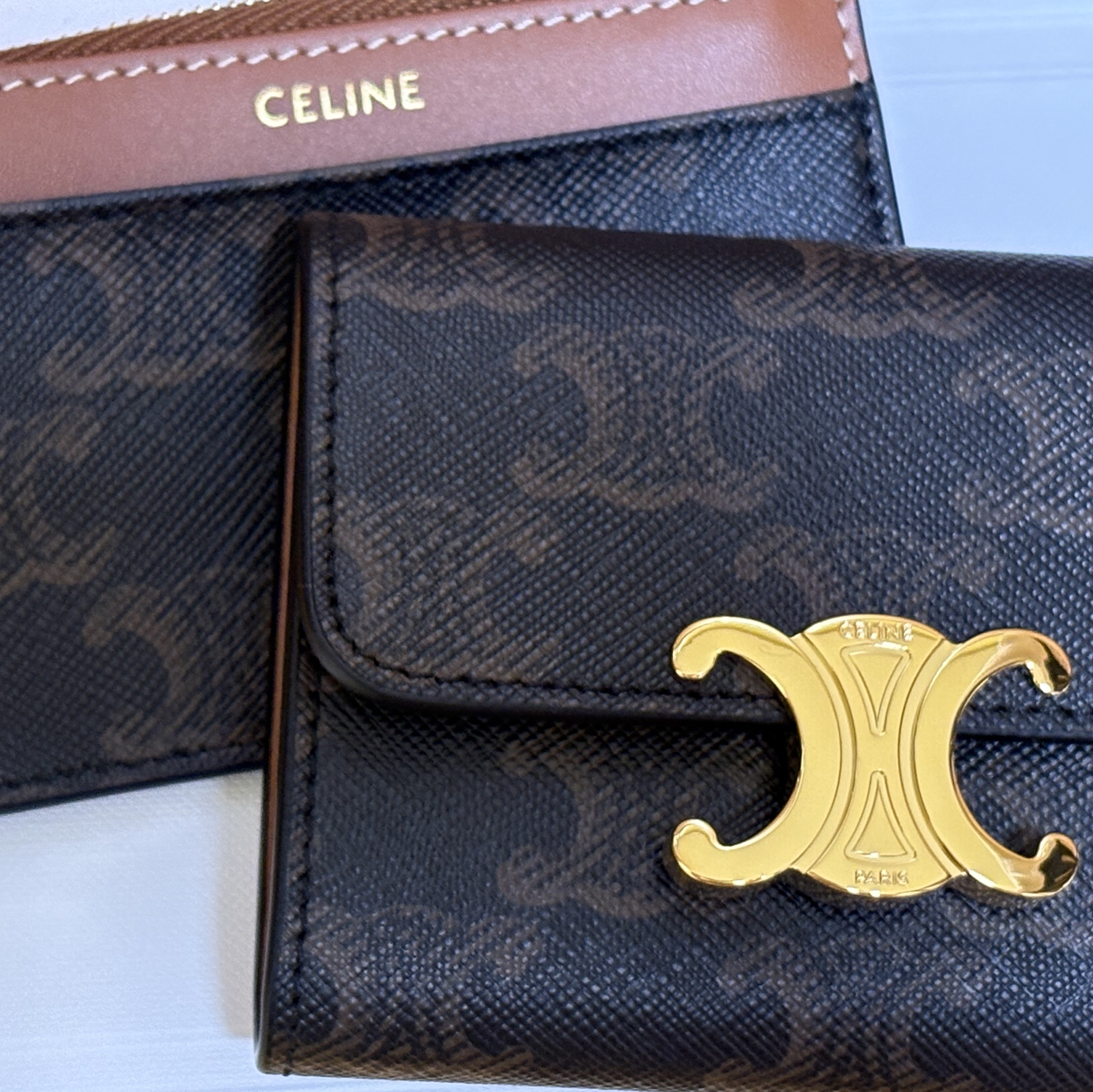 Celine Compact Wallet with Coin in Triomphe Canvas Tan 착용 스타일