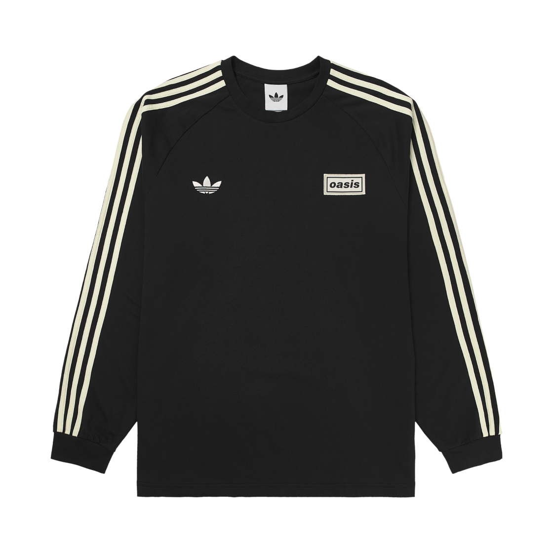 아디다스 x 오아시스 투어 3-스트라이프 롱슬리브 티셔츠 블랙 - KR 사이즈(Adidas x Oasis Tour 3-Stripes Longsleeve T-Shirt Black - KR Sizing)