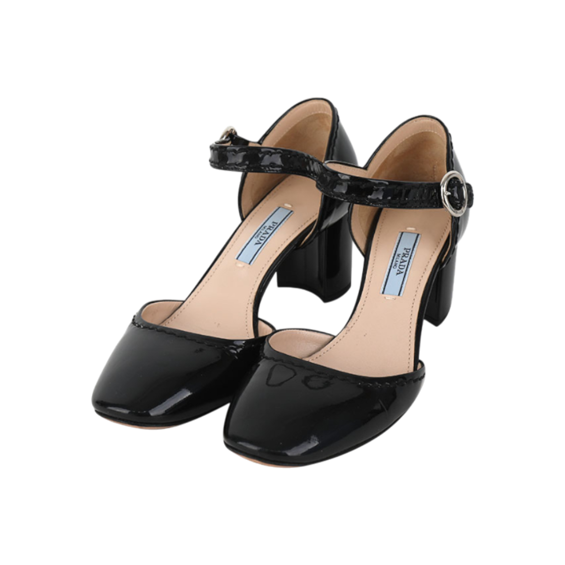 ITUUU2SG5NR4 Prada Navy Enamel Heels Size 36