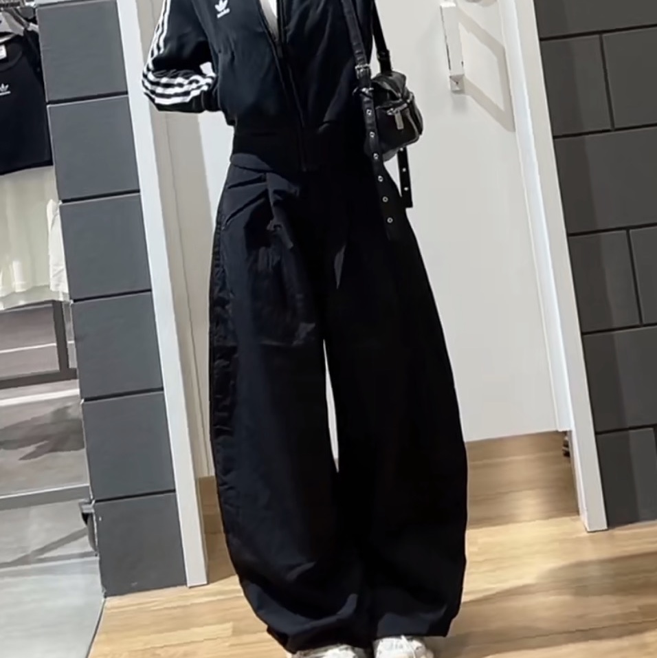 (W) Adidas Originals Asymmetric 3-Stripes Woven Pants Black - KR Sizing 착용 스타일
