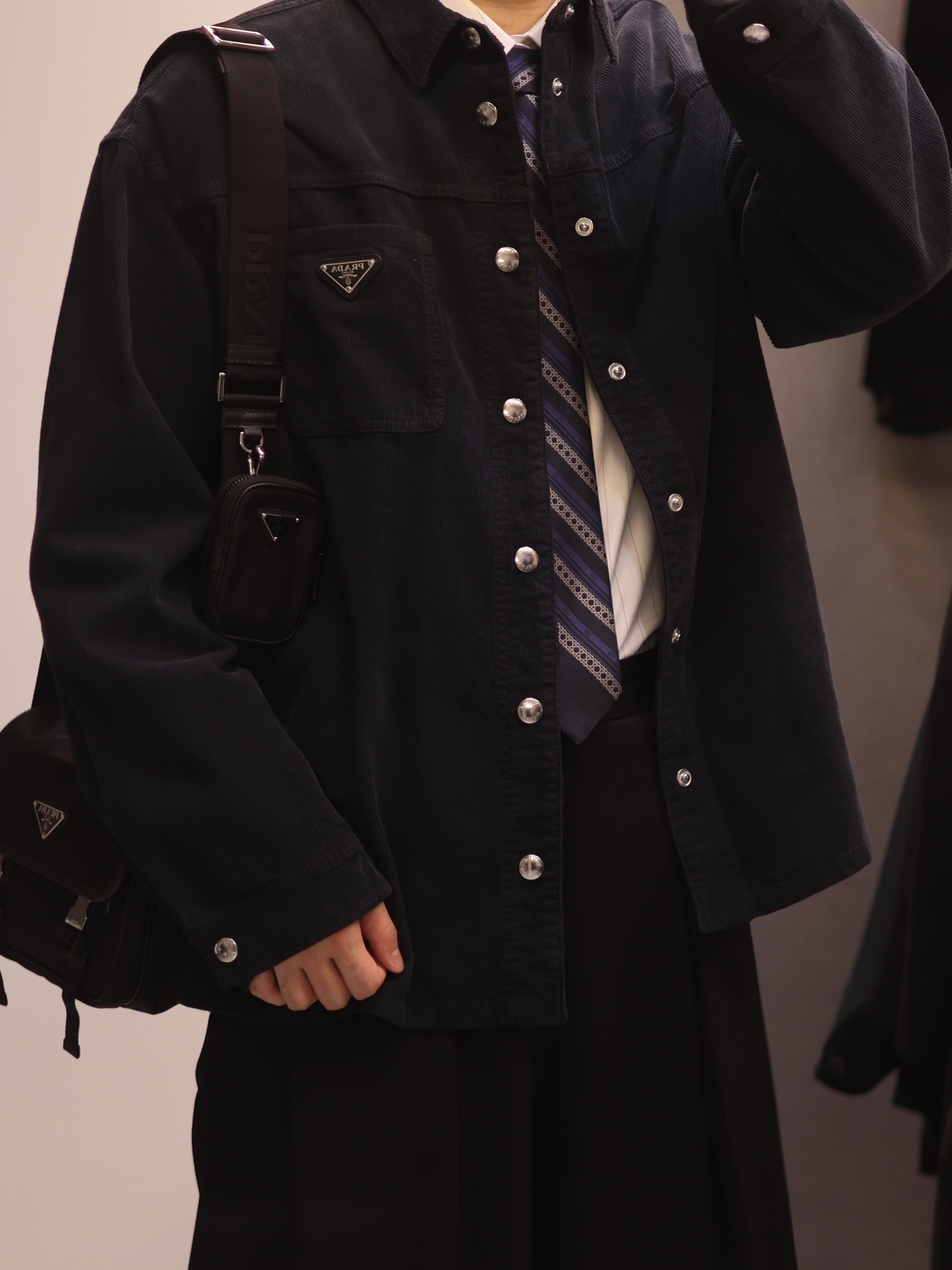 Prada Re-Nylon and Saffiano Leather Shoulder Bag Black, Prada Velvet Denim Blouson Jacket Black 착용 스타일 - 6