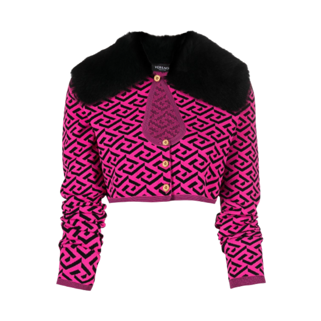 1004358-1A04064-1PF00 (W) Versace La Greca Embroidered Cardigan with Fur Collar Pink