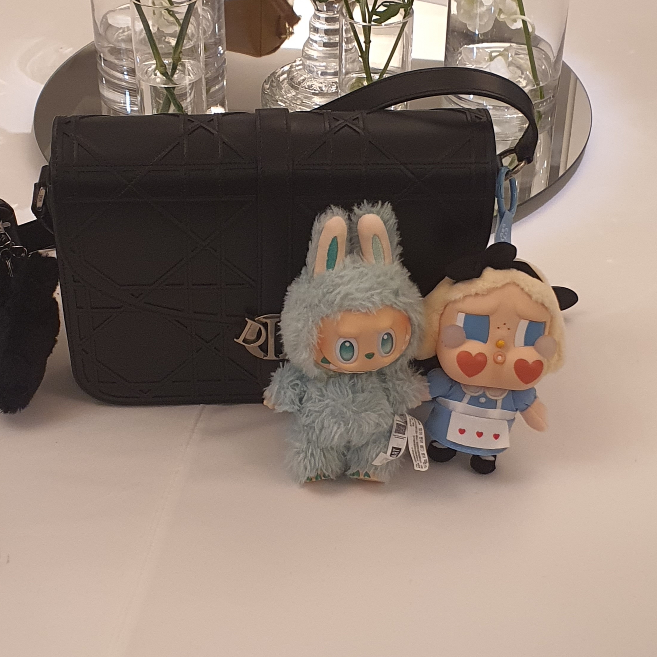 Dior Charm Bag Cannage Cosmo Leather Black, Pop Mart Crybaby Crying Again Series Plush Keyring She's Alice (Opened Case) 착용 스타일
