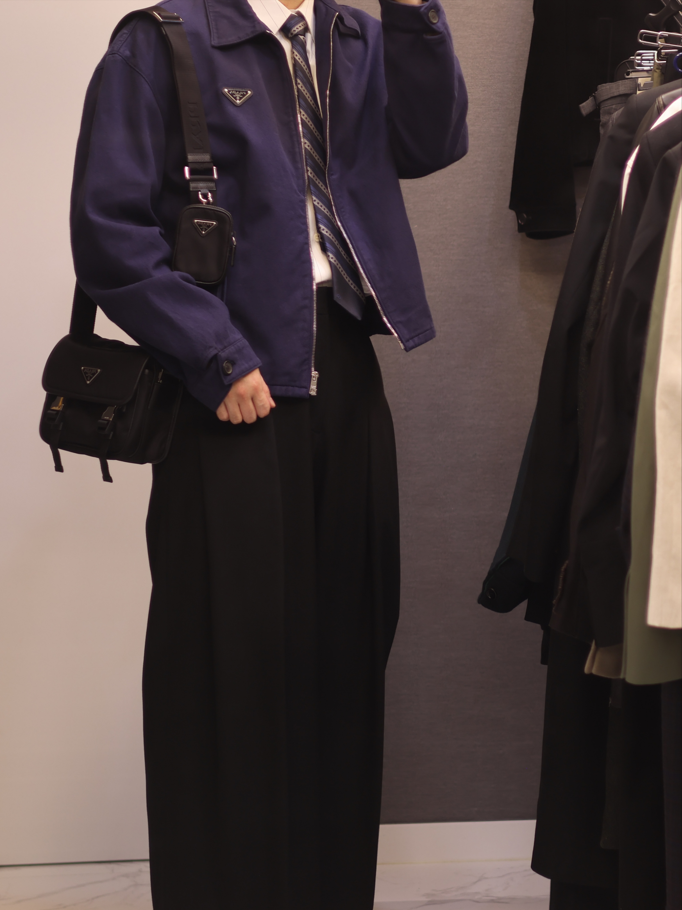 Prada Re-Nylon and Saffiano Leather Shoulder Bag Black, Prada Velvet Denim Blouson Jacket Black 착용 스타일 - 4