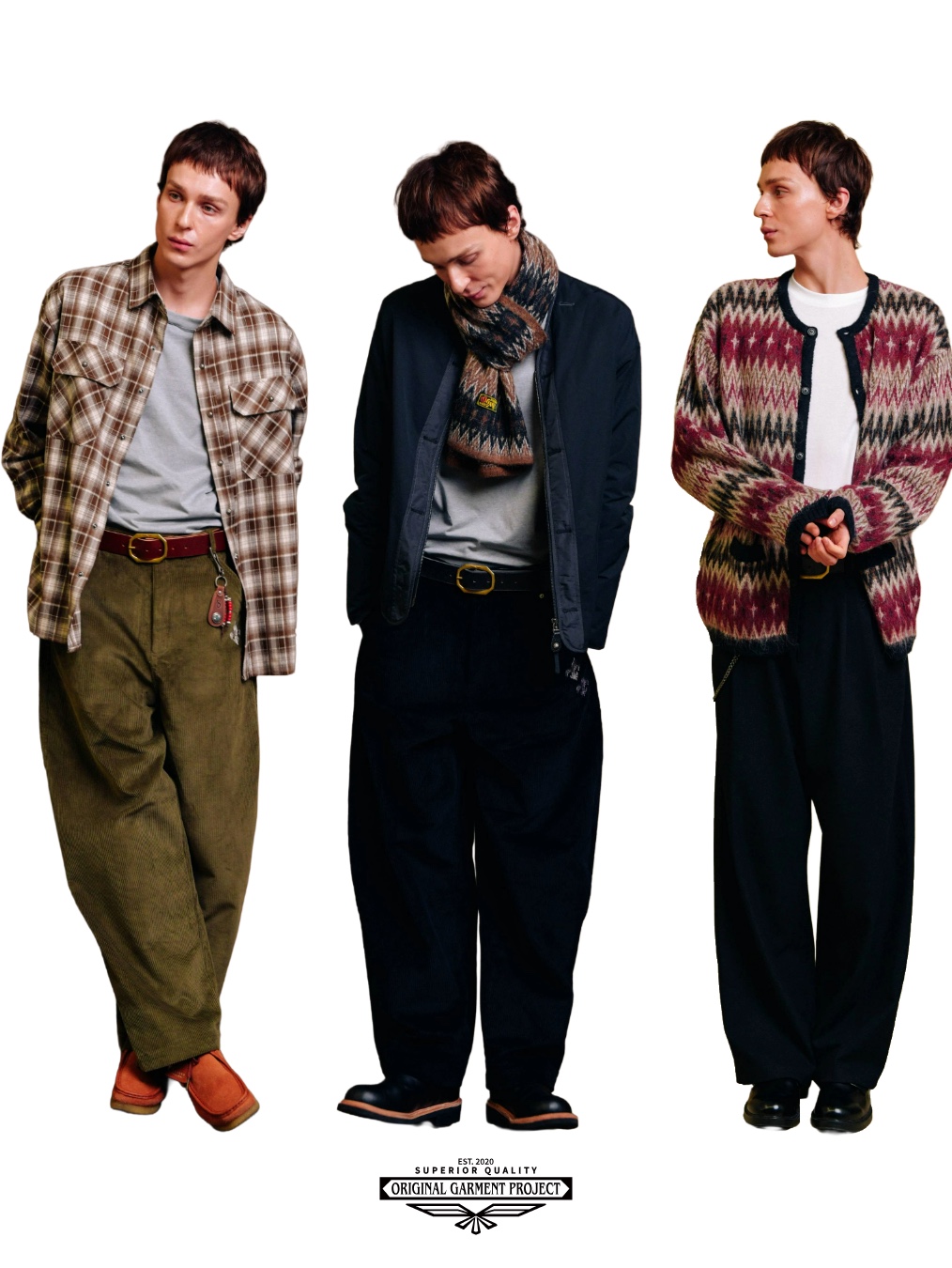 OGARP Concho Oversized Check Shirts Blue brown, OGARP Two Tuck Wide Pants Gray 착용 스타일 - 3
