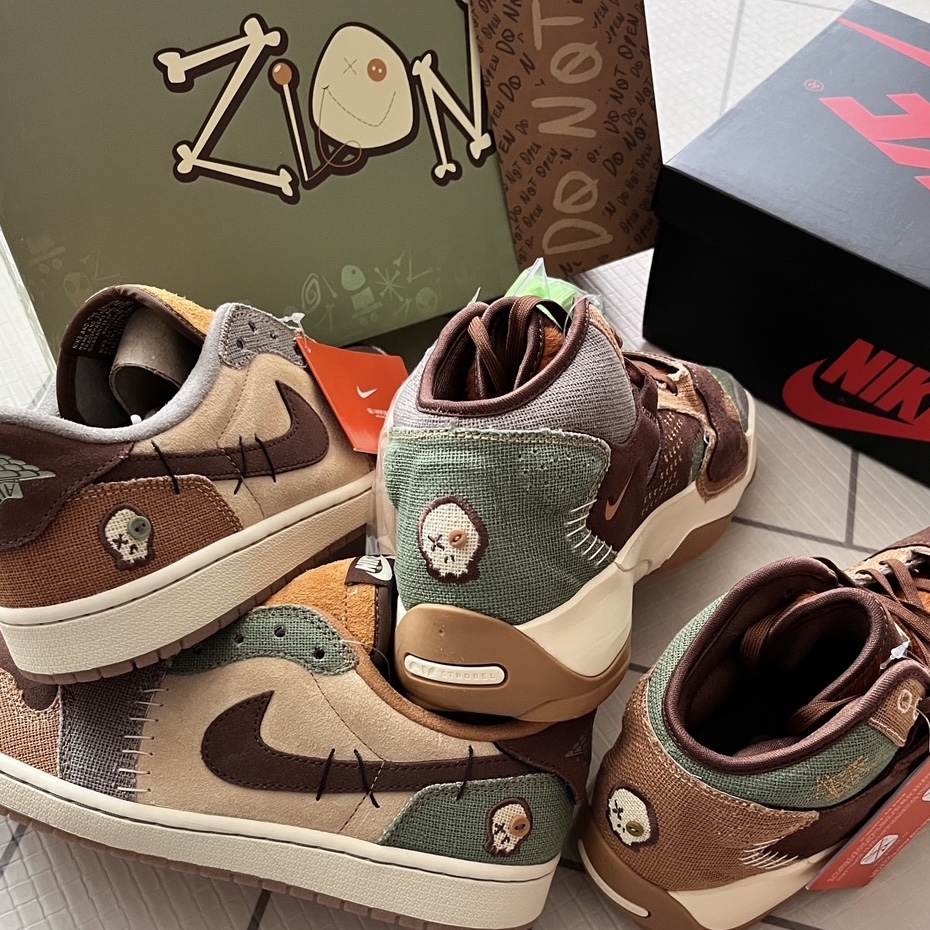 Jordan Zion 2 PF Sesame Muslin, Jordan 1 x Zion Williamson Retro Low OG Flax and Oil Green 착용 스타일 - 2