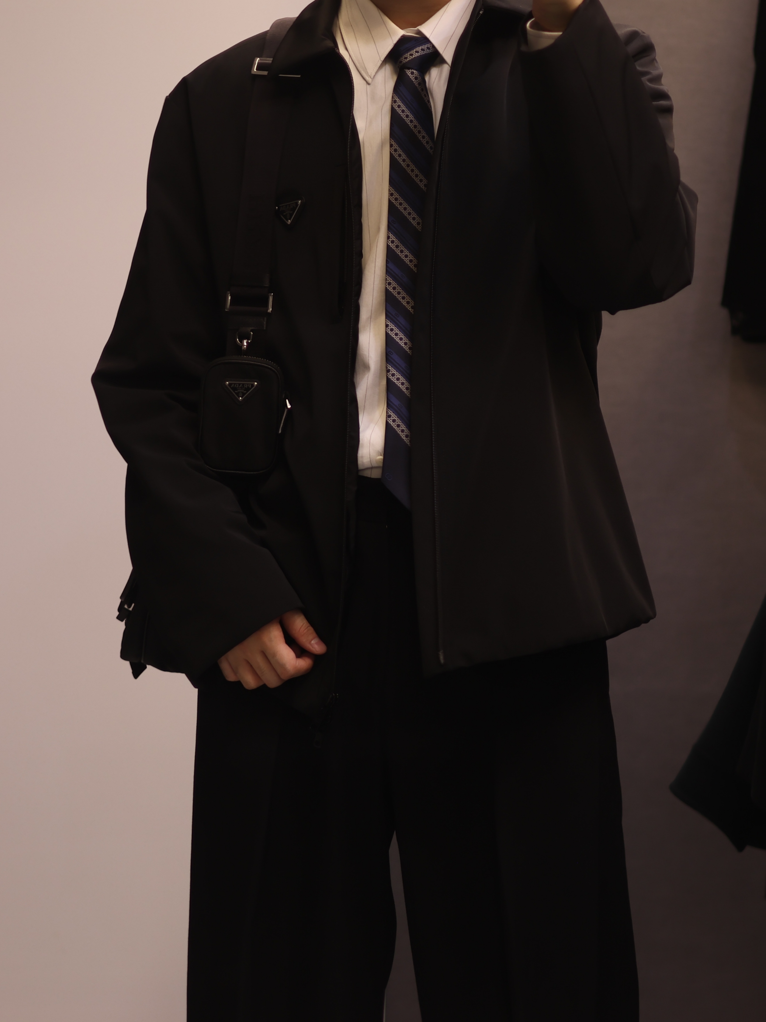 Prada Re-Nylon and Saffiano Leather Shoulder Bag Black, Prada Velvet Denim Blouson Jacket Black 착용 스타일 - 3