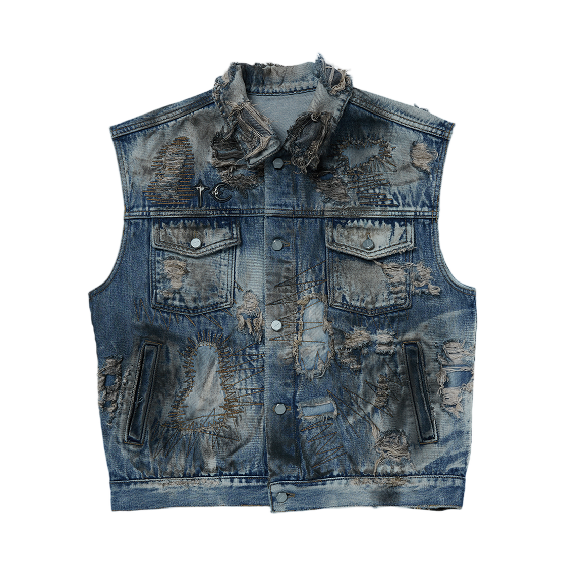- Thug Club Hard Washed Damaged Denim Vest Blue