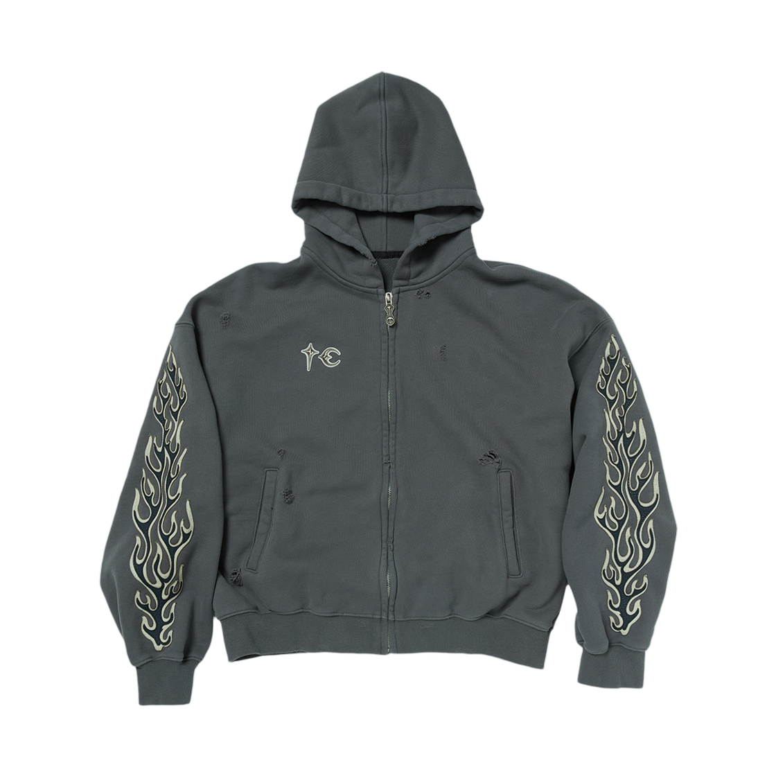 떠그 클럽 레더 플레임 후드 집업 그레이(Thug Club Leather Flame Hooded Zip Up Grey)