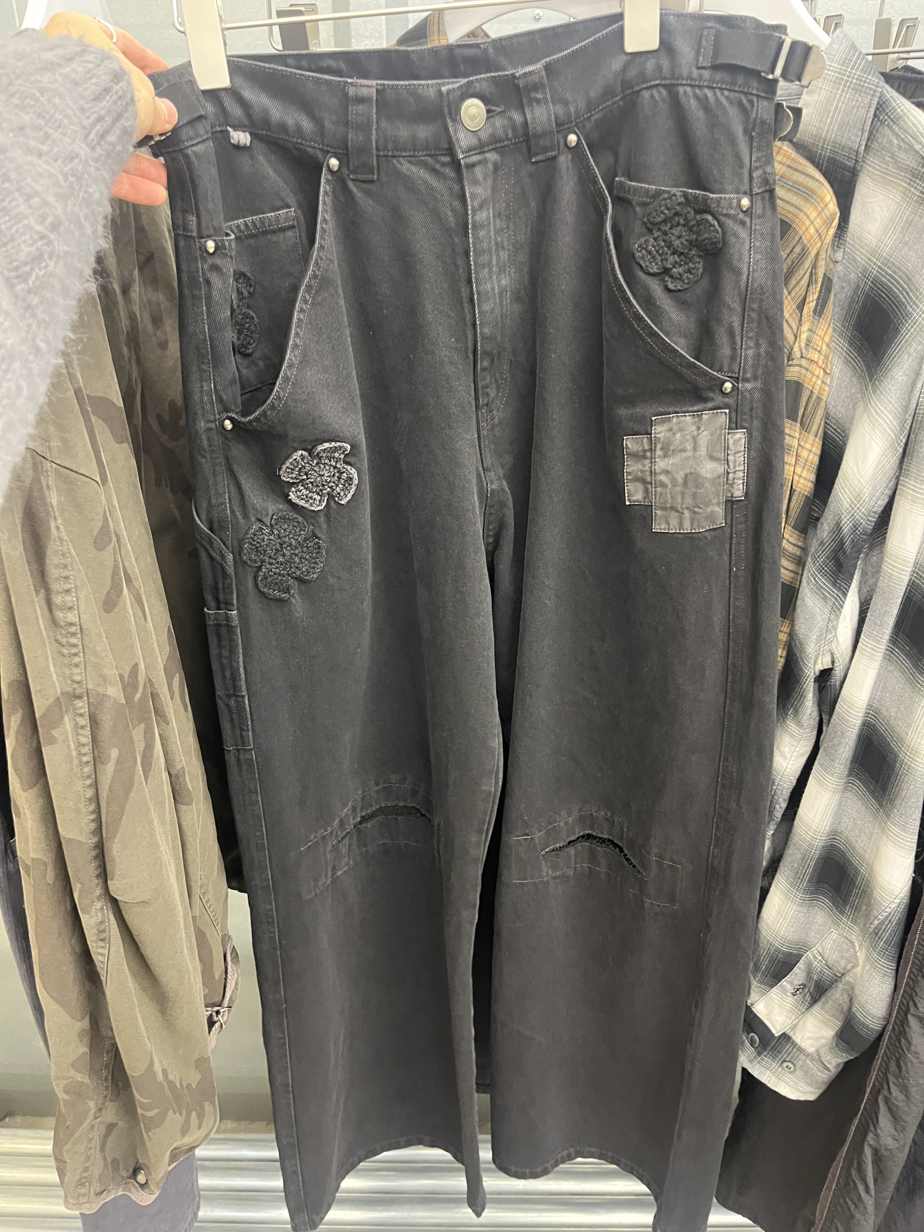 Polyteru 1011 Cross Patched Denim Pants Black (Cut Off Knee) 착용 스타일