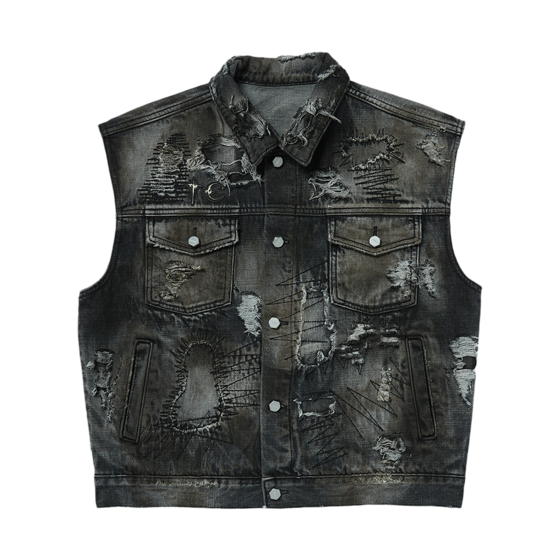 - Thug Club Hard Washed Damaged Denim Vest Black