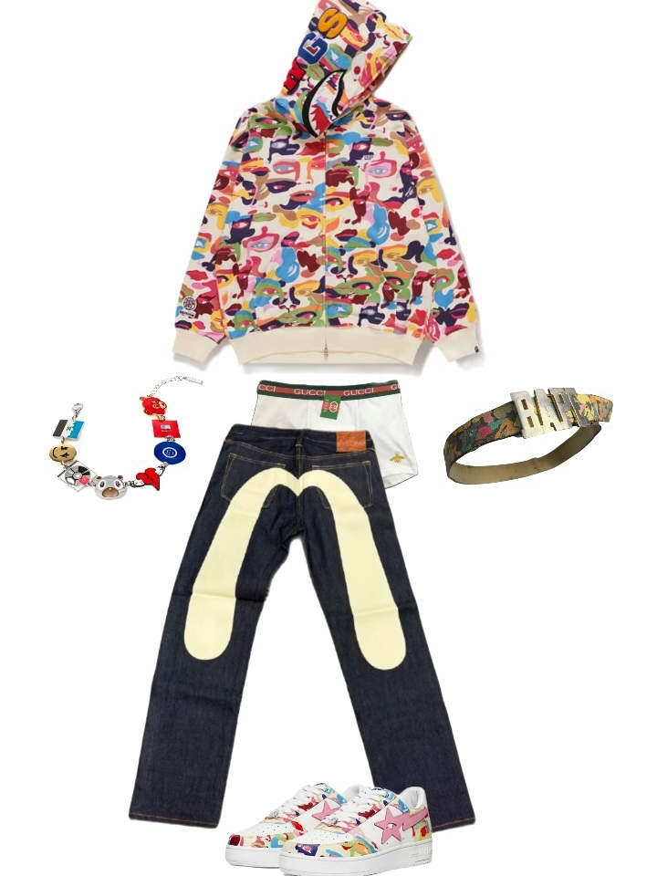 Evisu Daicock Print Baggy Jeans #2000 Ecru 착용 스타일 - 1