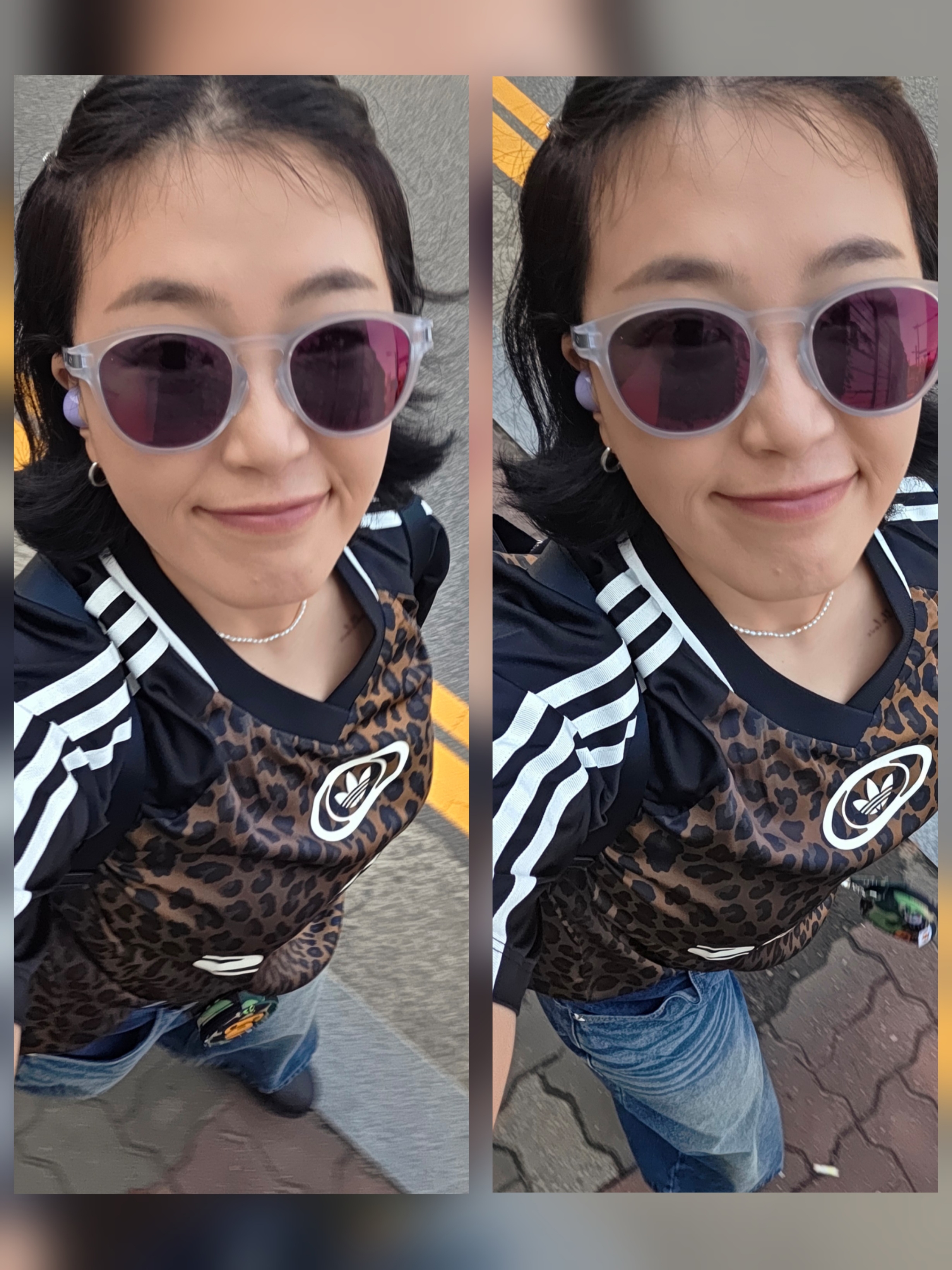 (W) Adidas Satin Jersey Multicolor Bronze Strata - KR Sizing, Oakley Latch Matte Grey Ink Frame Prizm Black Lenses Low Bridge Fit 착용 스타일
