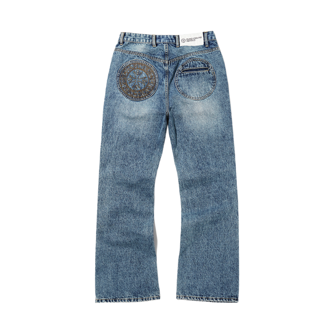 펀치 드렁크 파티즈 패치드 포켓 세미 플레어 데님 팬츠 블루(Punch Drunk Parties Patched Pocket Semi Flare Denim Pants Blue)