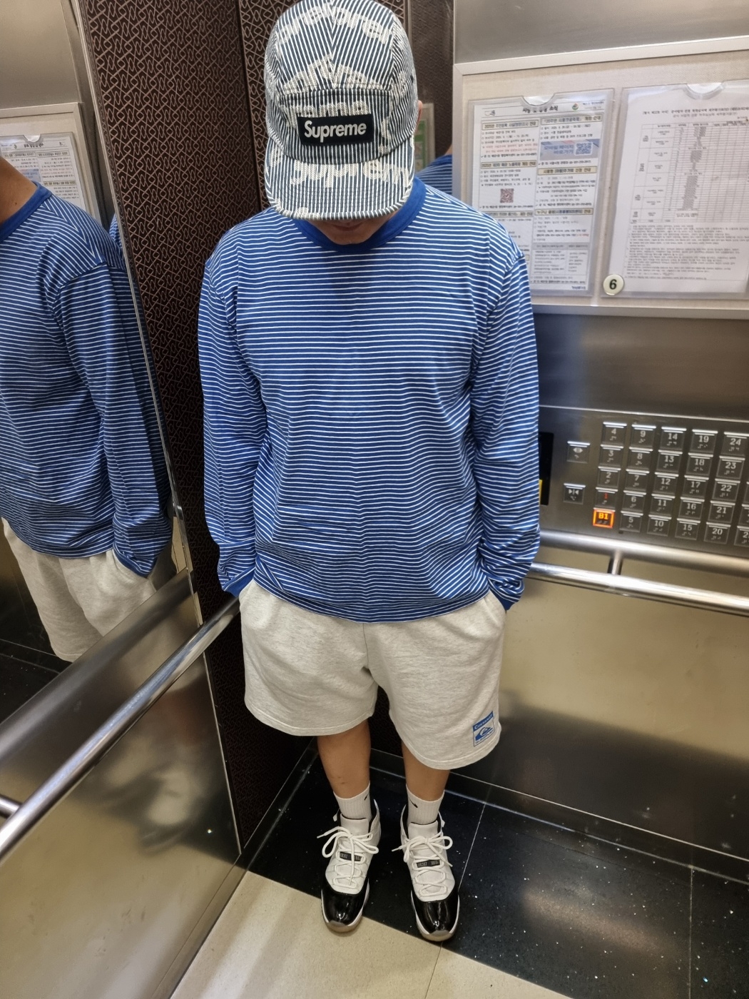 Supreme Denim Camp Cap Stripe - 24SS, Jordan 11 Retro Concord 2018 착용 스타일