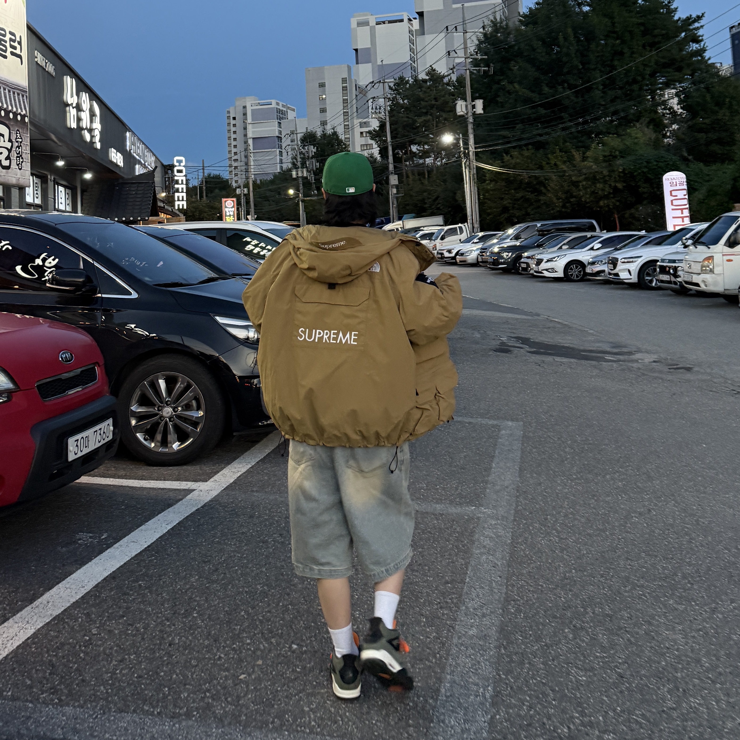 Jordan 4 x Undefeated Retro OG SP Deep Green and Clementine, Supreme x The North Face Cargo Jacket Gold - 20SS 착용 스타일