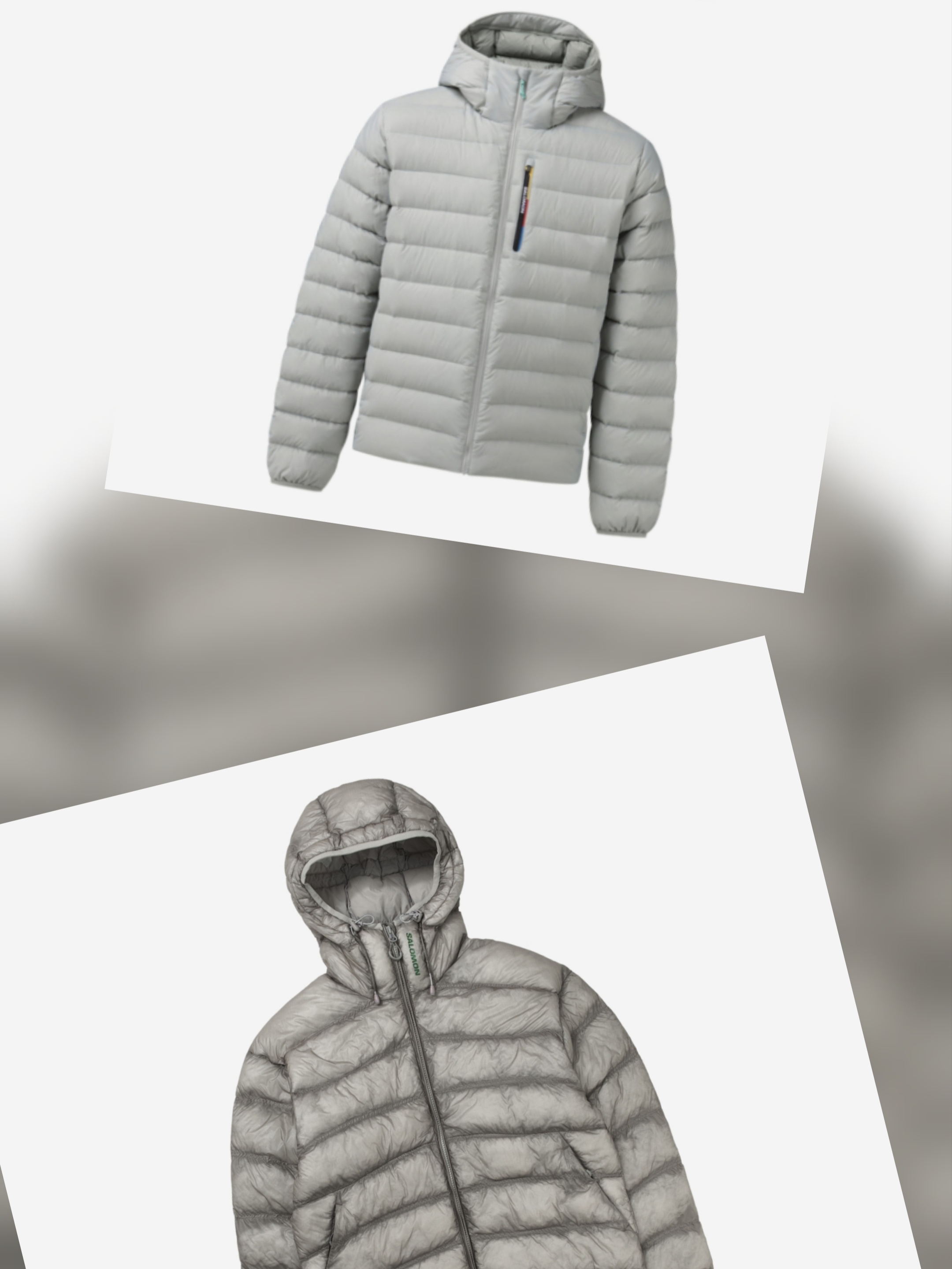 Salomon UNI Cross Insulation Jacket Light Grey, Salomon X-Fuse Hooded Down Jacket Light Gray 착용 스타일
