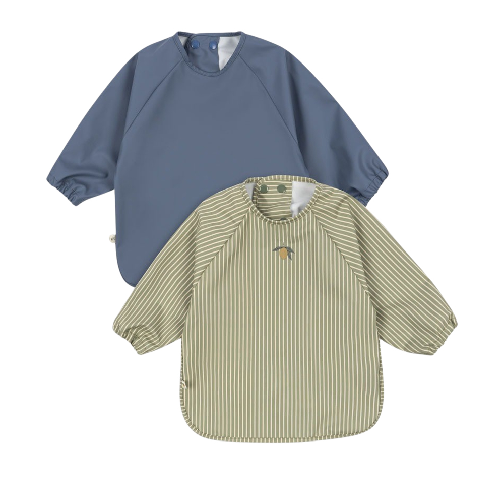 콩제슬래드 디너 빕 슬리브 턱받이 2팩 레몬(Konges Sløjd 2 Pack Dinner Bib With Sleeves Tea Stripe Flint Stone)