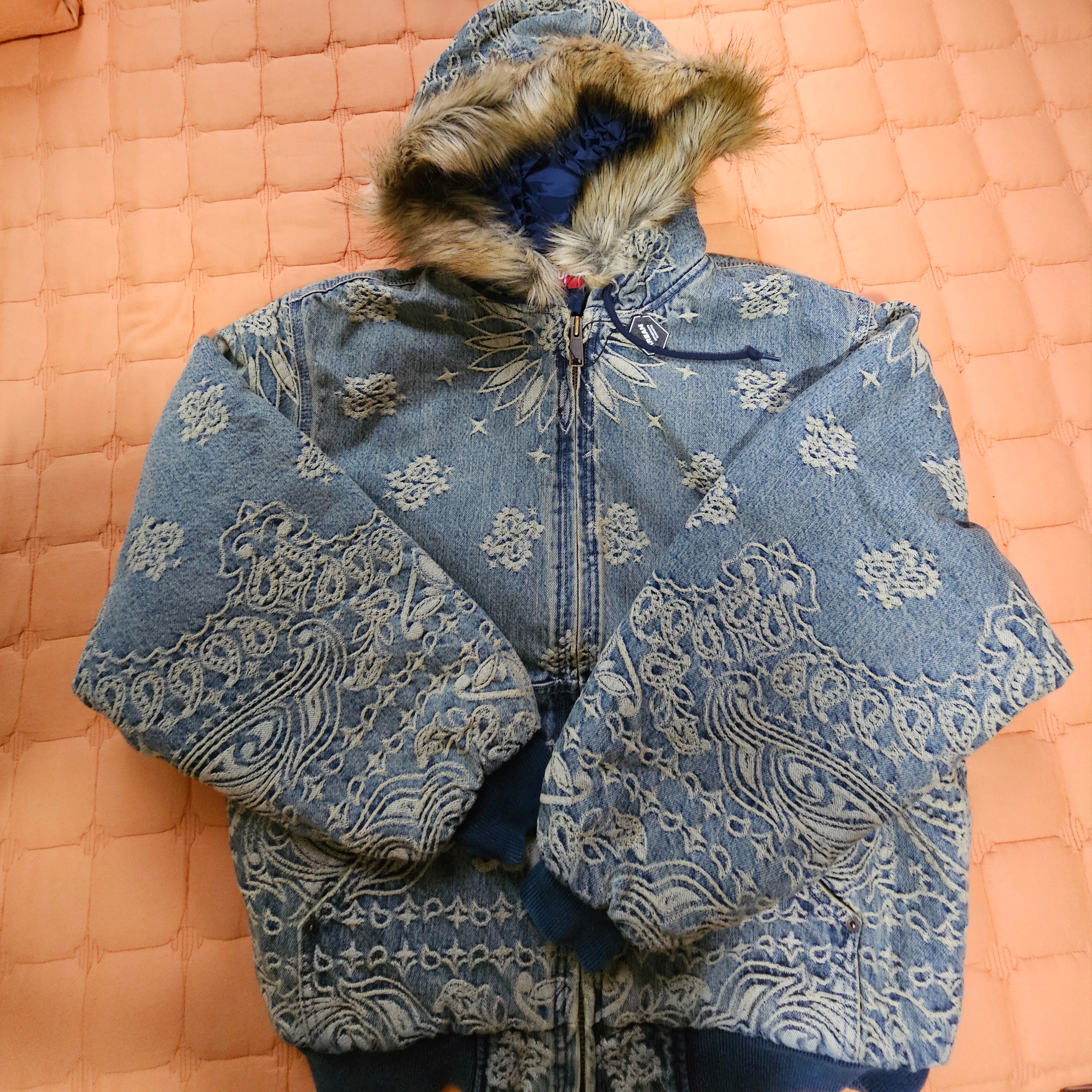 Supreme Bandana Jacquard Denim Hooded Work Jacket Blue - 25SS 착용 스타일 - 2