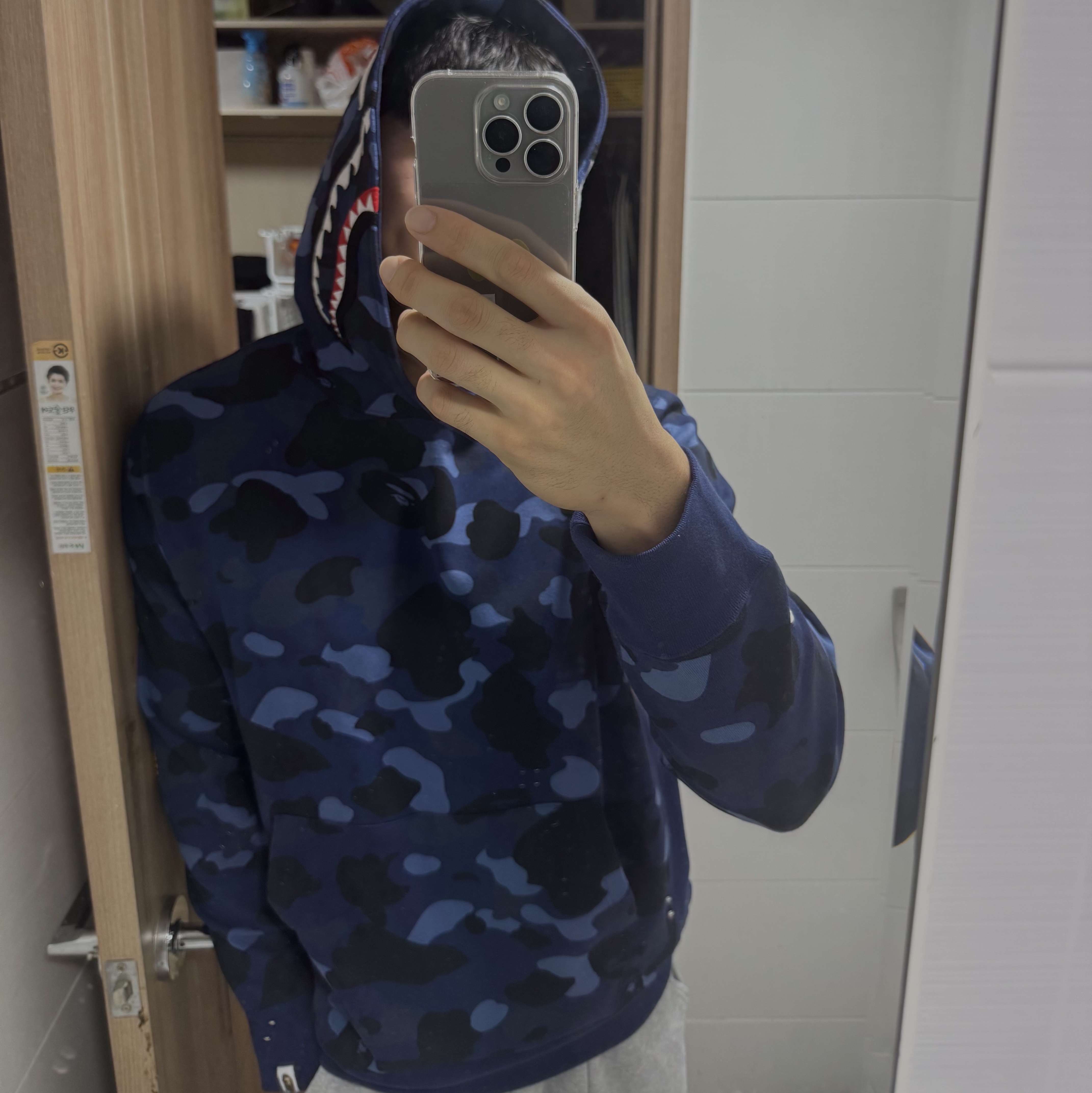BAPE Color Camo 2nd Shark Pullover Hoodie Navy 착용 스타일