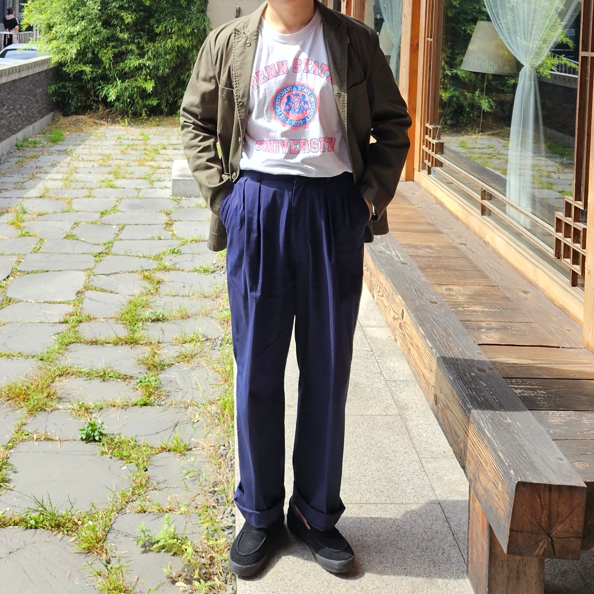 Vans Skate Loafer Suede Black, Engineered Garments Ripstop Bedford Jacket Olive 착용 스타일 - 5