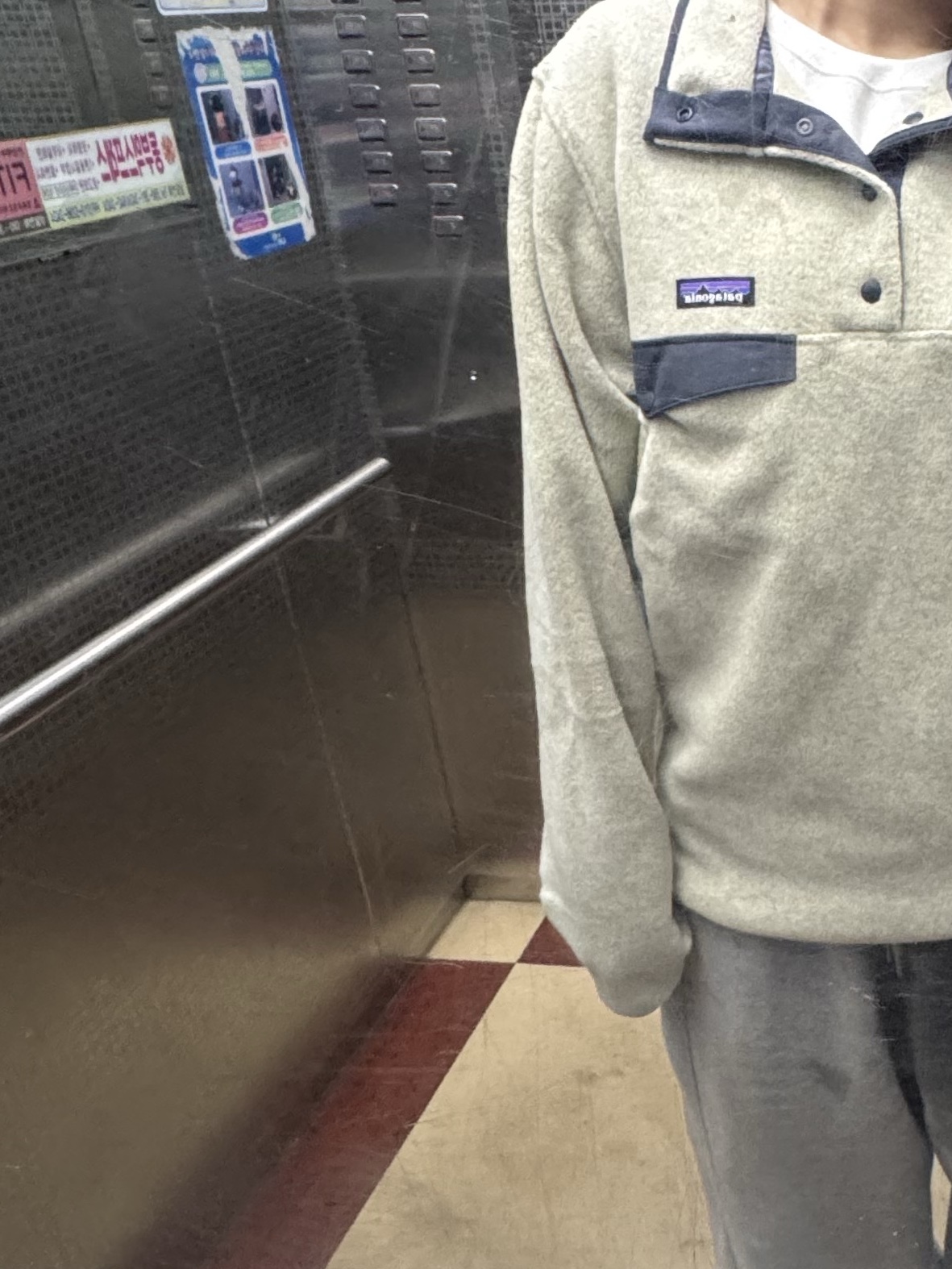 Patagonia Lightweight Synchilla Snap-T Fleece Pullover Oatmeal Heather/Smolder Blue/New Navy 착용 스타일 - 2