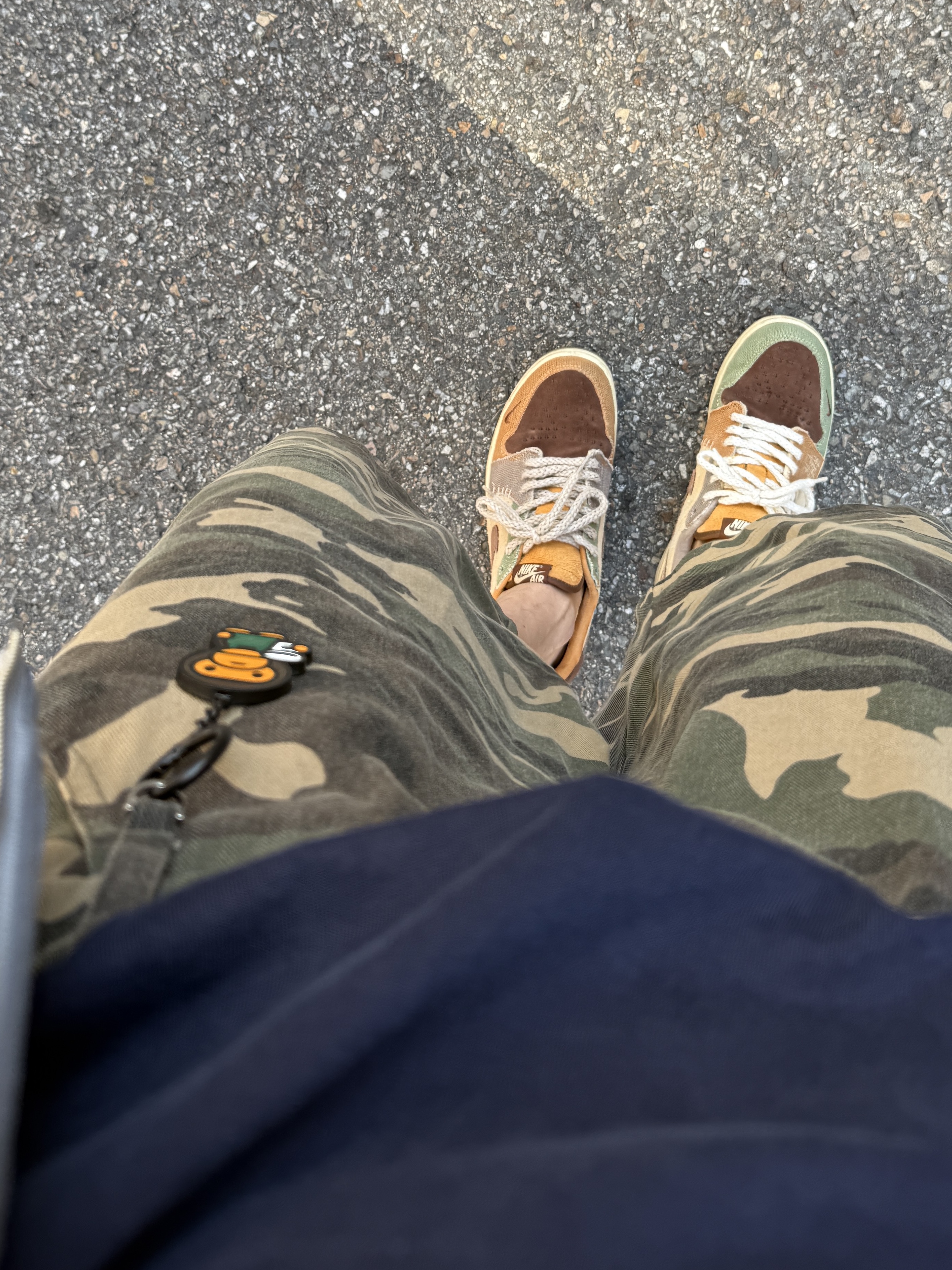 Jordan 1 x Zion Williamson Retro Low OG Flax and Oil Green, SLOW RECORD HOUSE Carpenter Bermuda Wide Camo Pants Vintage Green 착용 스타일 - 8