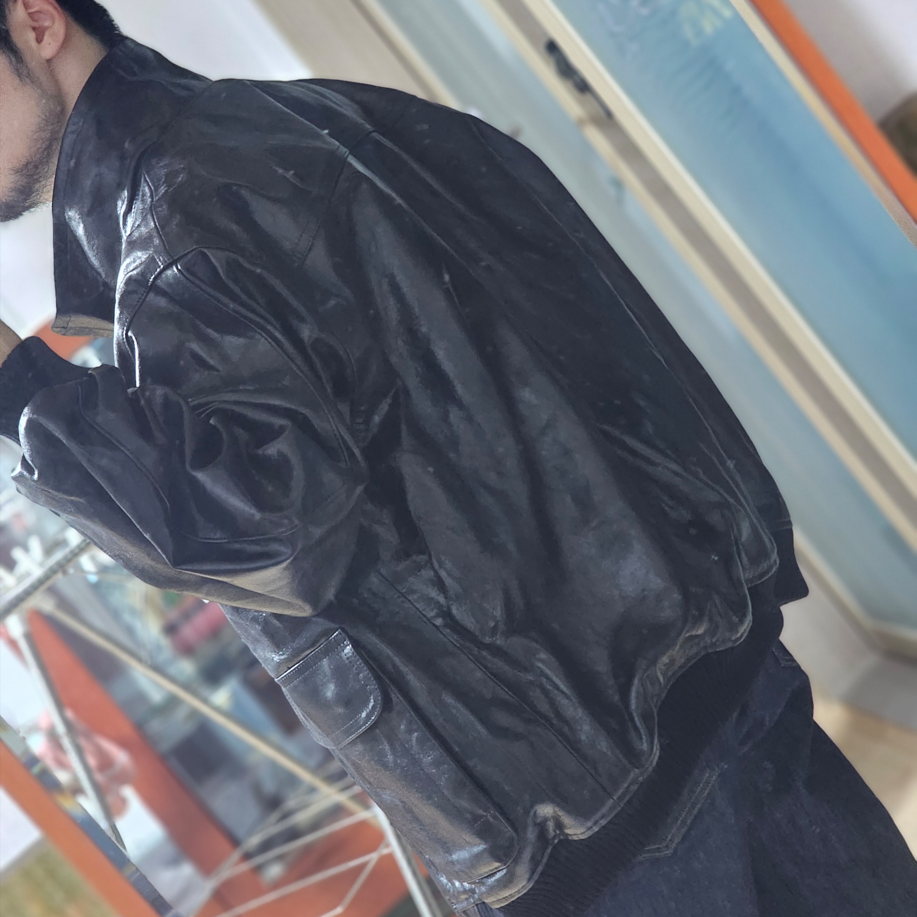 Auralee Lamb Leather Zip Blouson Black, Auralee Hard Twist Denim 5P Pants Indigo 착용 스타일 - 1