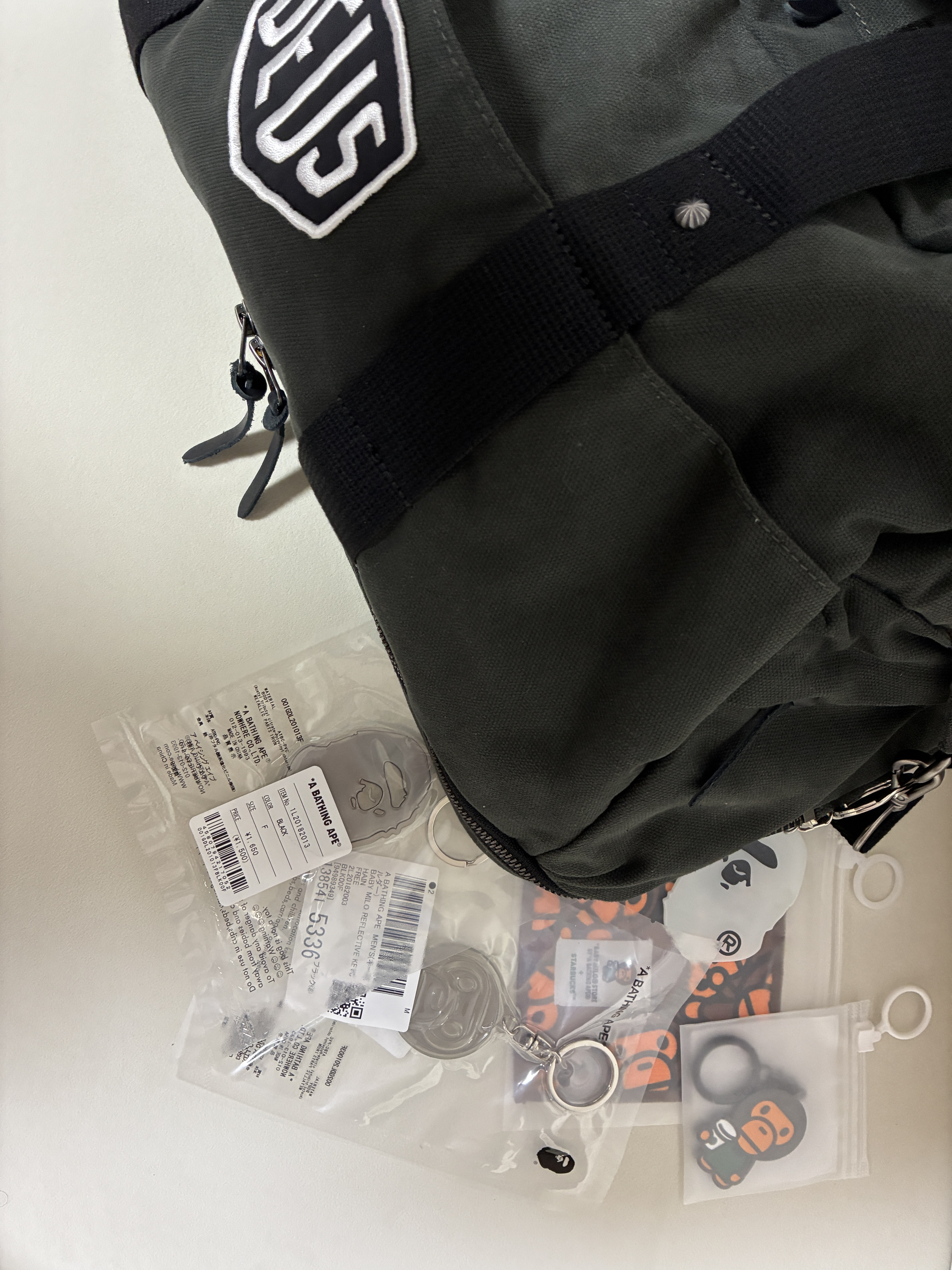 Deus Ex Machina Shield Boston Bag Black, Starbucks x BAPE Baby Milo Coaster 착용 스타일
